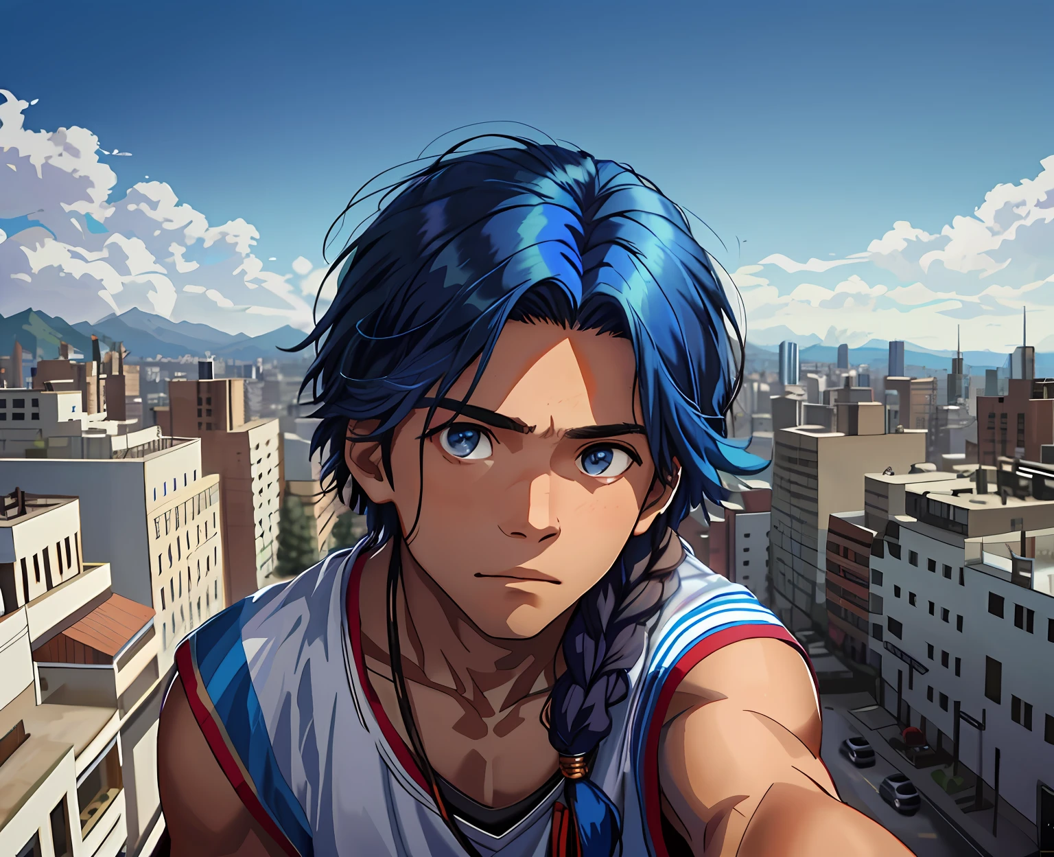 A 15-year-old boy with blue hair stands on the fifth floor on the roof of the high school looking at a city in the distance.......From above he looks at a city with his back to the viewer 15-year-old man has no shirt has a naked torso his hair is straight long Latin skin copper mestizo face, tiene traje tribal africano esta en el tejado de la secundaria mirando una cercana ciudad mira con miedo pensativo, (tercer plano cuerpo completo