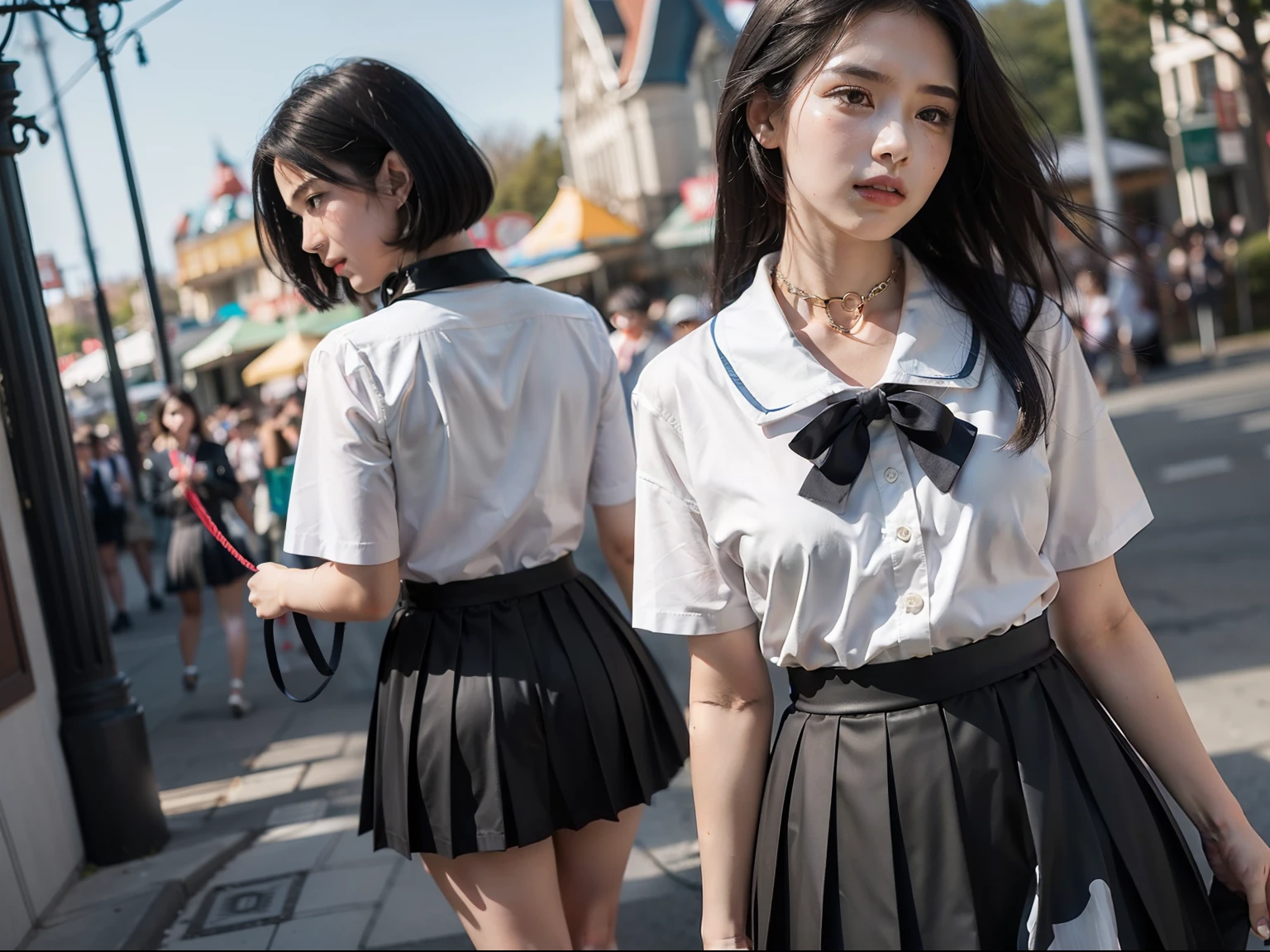 The highest quality shooting 、Spectator 、 (((Black collar))) 、 Skirt Roll Up 、 White School Uniform、(((audience))) 、a sailor suit 、gust of wind 、Walk 、(((turned around))) 、look behind、satchel 、Dark blue pleated skirt 、Knee-length pleated skirt、Walk 、student clothes 、 Collar with a leash 、Cowboy Shot 、is crying 、Portraits are prohibited 、blushed face 、 Thin rope 、mobile phone 、 Take your eyes off 、An amusement park、Disney land 、Turn your face away 、(((audience))) 、 short dark hair 、Low angle full body photo 、Sad look、 Black hair, shining beautiful skin , Sweat, collar and chain accessories, beautiful black pupil and hair, Detailed expression , beautidful eyes