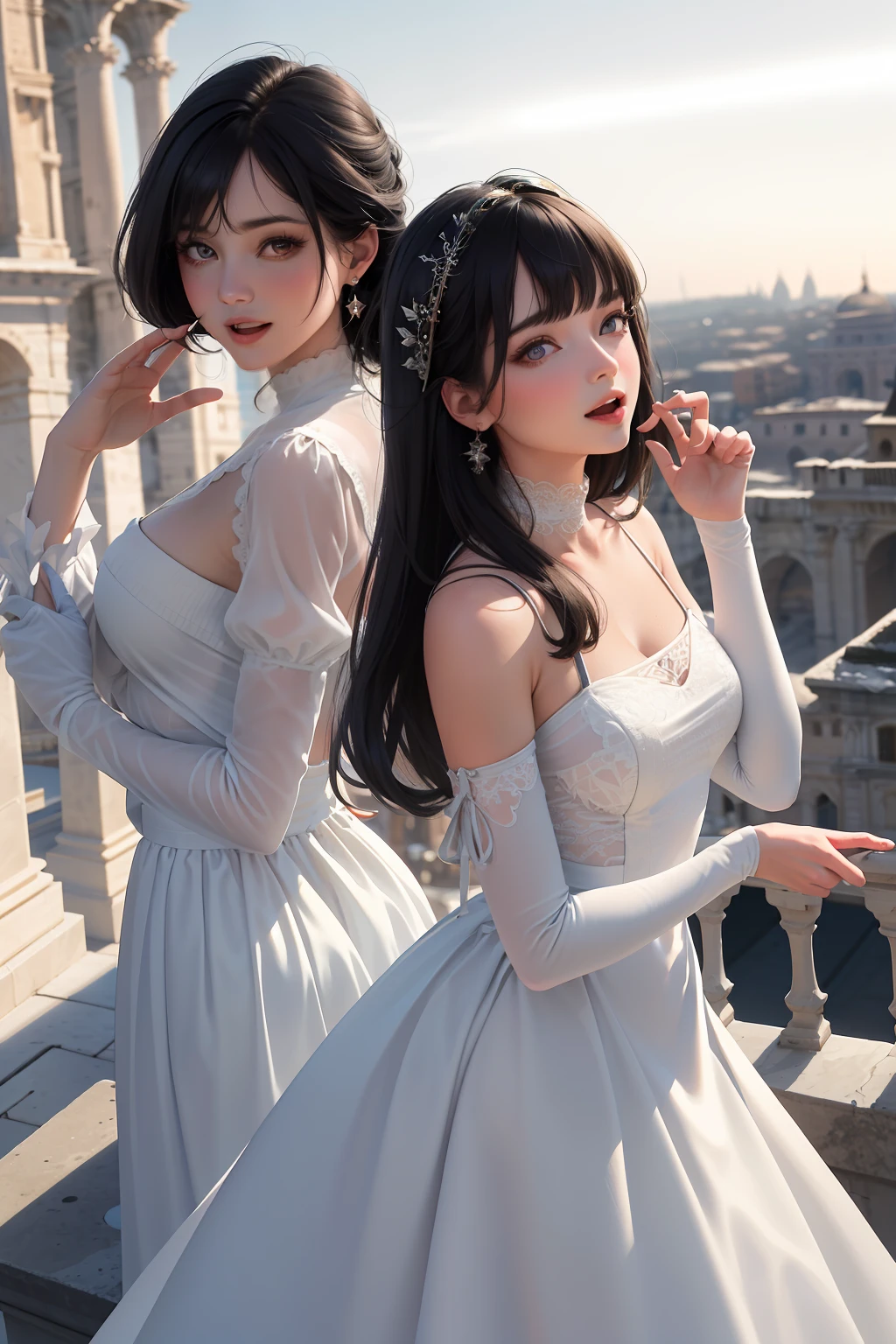 (Masterpiece),(Best quality),(Ultra-detailed), (full bodyesbian:1.2),
2girls,duo,Silk,Satin,Princess Eyes,Castel Sant'Angelo in Rome,winter,Snow,crowd,Cute, Smile, Open mouth, Blurry, bangs, Black hair,
(Beautiful detailed face), (Beautiful detailed eyes),
