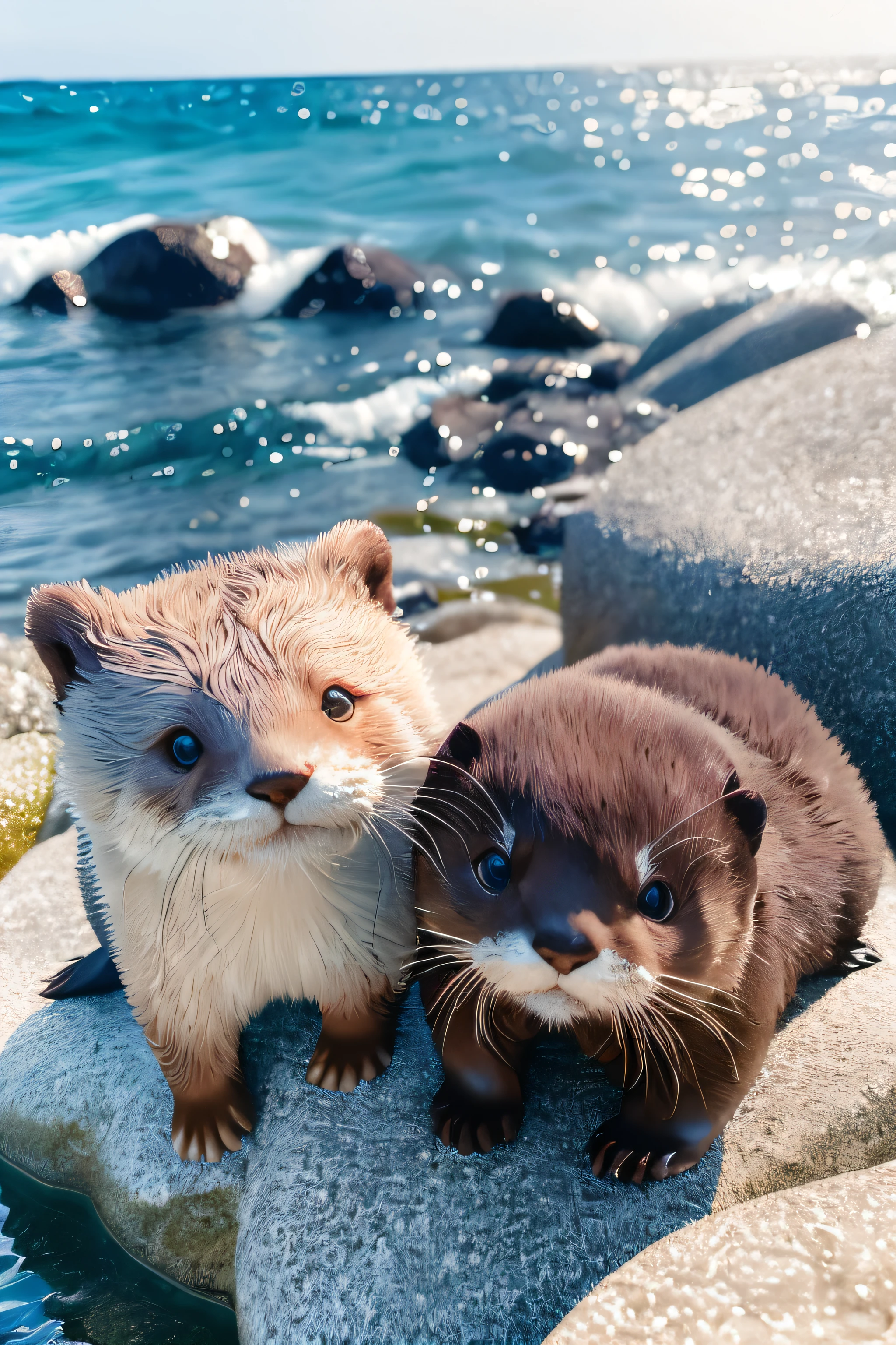 Little otter, (Himalayan), (small)))), On the rocks by the sea, the face, Front paws extended, 8K, profesional photo, delicated, Pubic area is clear, sandbeach, rays of sunshine, light leaks, tmasterpiece, ((prette))), (Realistis), plushies,closeup cleavage,Fisheye camera。