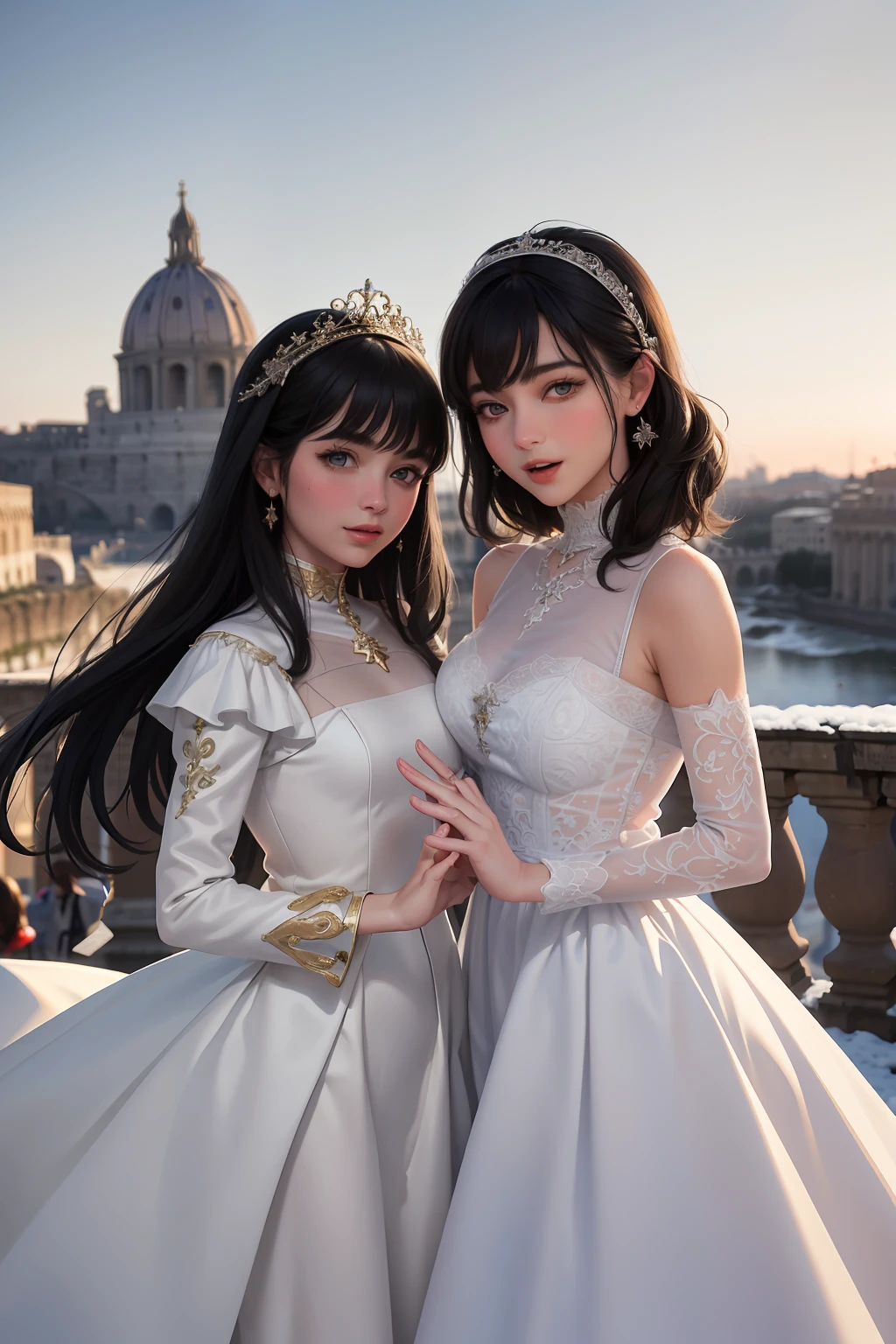 (Masterpiece),(Best quality),(Ultra-detailed), (full bodyesbian:1.2),
2girls,duo,Silk,Satin,Princess Eyes,Castel Sant'Angelo in Rome,winter,Snow,crowd,Cute, Smile, Open mouth, Blurry, bangs, Black hair,
(Beautiful detailed face), (Beautiful detailed eyes),
