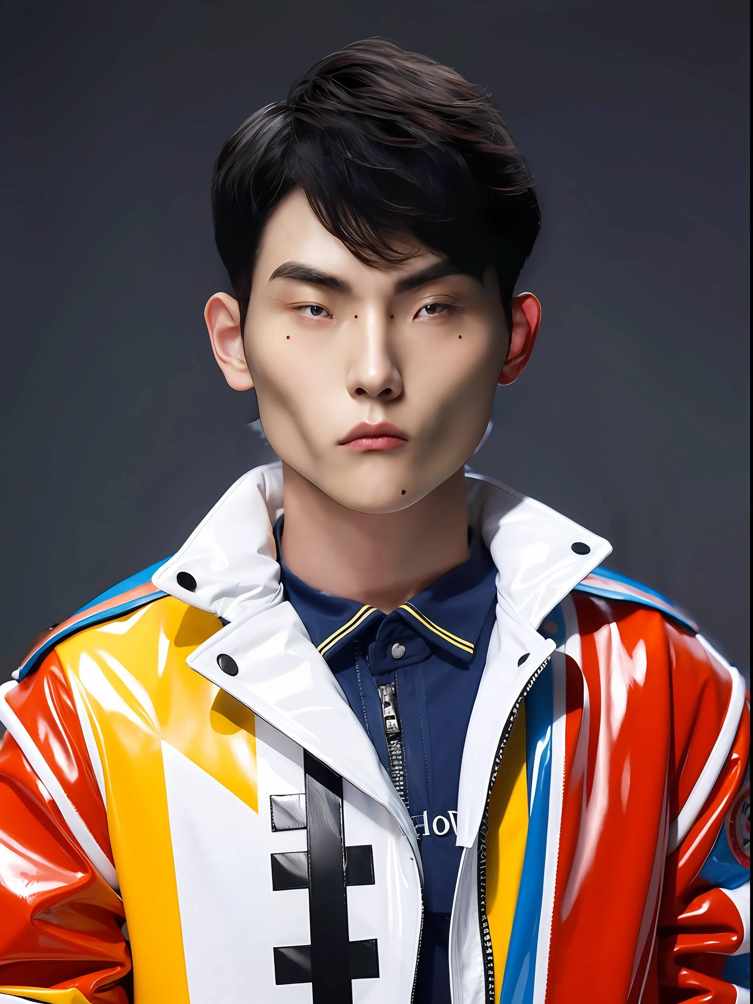 Chinese male high school student,Wear a PVC colored leather jacket,wearing hat