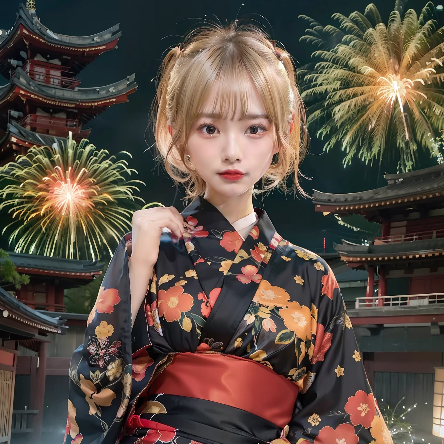 Fireworks display, Sexy woman wearing black yukata and red underwear with legs spread, Blonde Shorthair，Gorgeous 20 year old Japan woman, sexy look at the camera, Good Young H Cup Bust Girl