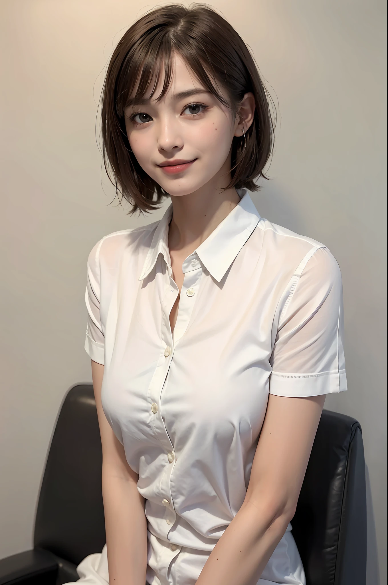 (8k, top quality, masterpiece: 1.2), (realistic, photorealistic: 1.37), super detailed, girl single, cute, solo, sitting, dating, (blush), (smile: 1.15), (closed mouth), big, fine beautiful eyes, big round eyes, (collared shirt: 1.1), wet, office clothes, white lace, (short hair: 1.2), floating hair NovaFrogStyle, Topless, bangs, long neck, happy smile, pretty face, realistic skin type, realistic texture