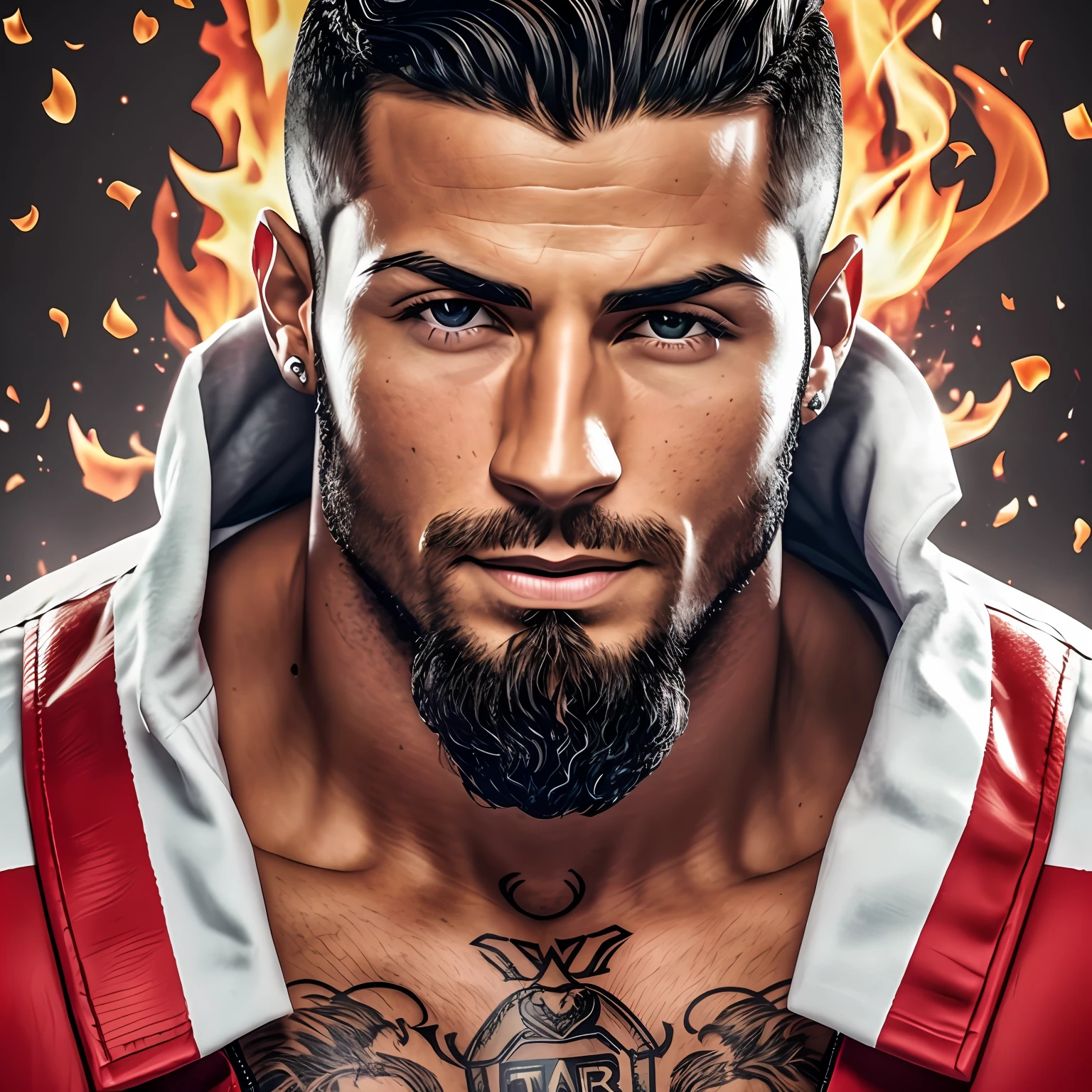 Arafed imagem de um homem com barba e tatuagens, Cristiano Ronaldo, retrato de Cristiano Ronaldo, Cristiano Ronaldo, o melhor de todos os tempos, Cristiano Ronaldo como um viking, Cristiano Ronaldo como ciborgue, 8k HQ, carregado, 8 K altamente detalhado ❤🔥 🤖 🔥 💀 🚀, dispositivo completo, vermelho BG, Guapo, HQ papel de parede do telefone 4K, Luis Melo