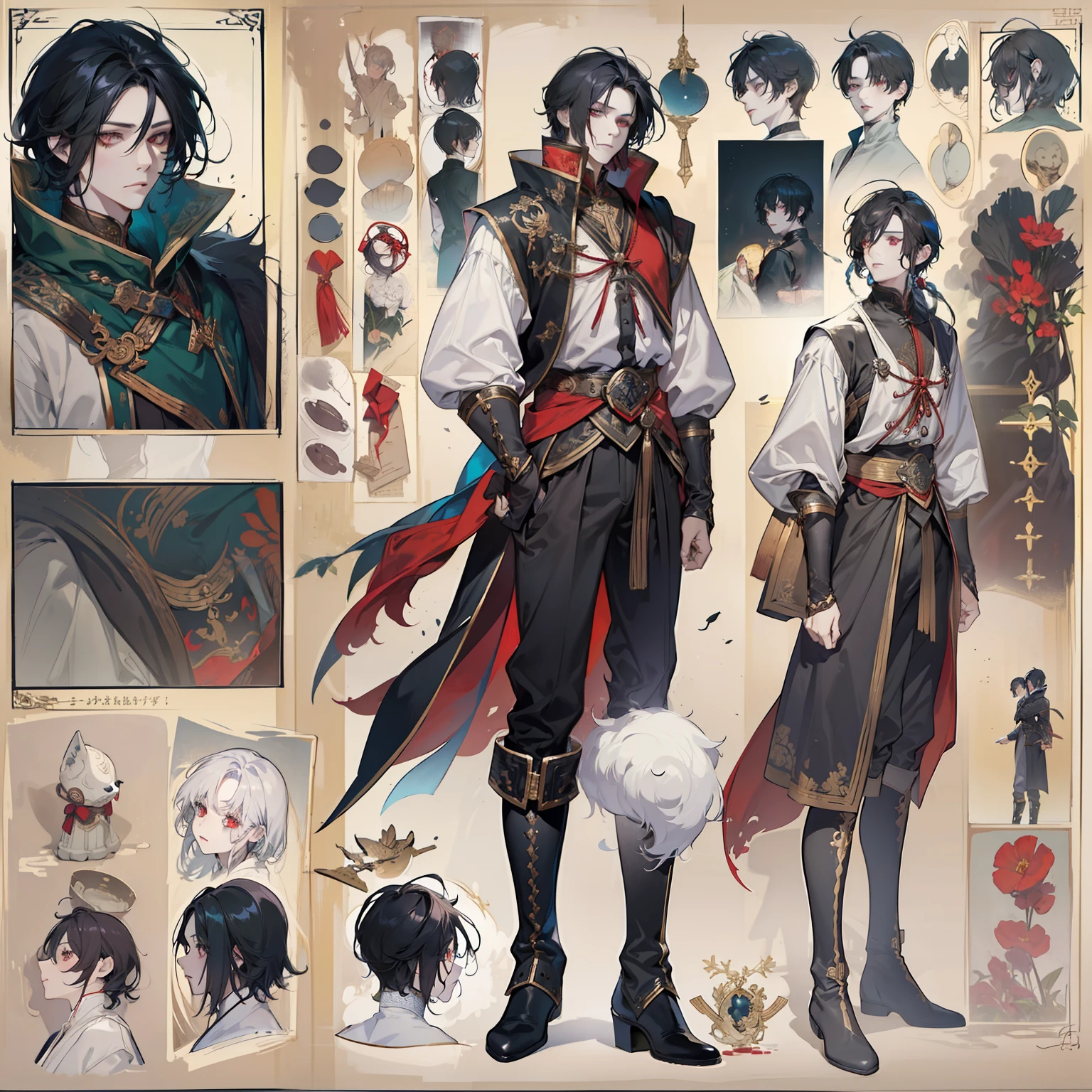 1 boy, solo, black hair, square, Bob hairstyle, bean, shoulder-length hair, red eyes, shirt, high boots, Lightweight clothing, medieval theme, looking at viewer, fantasy art, beautiful painting, guwaika style, epic exquisite character art, stunning characters, man, lean (reference sheet:1.5)