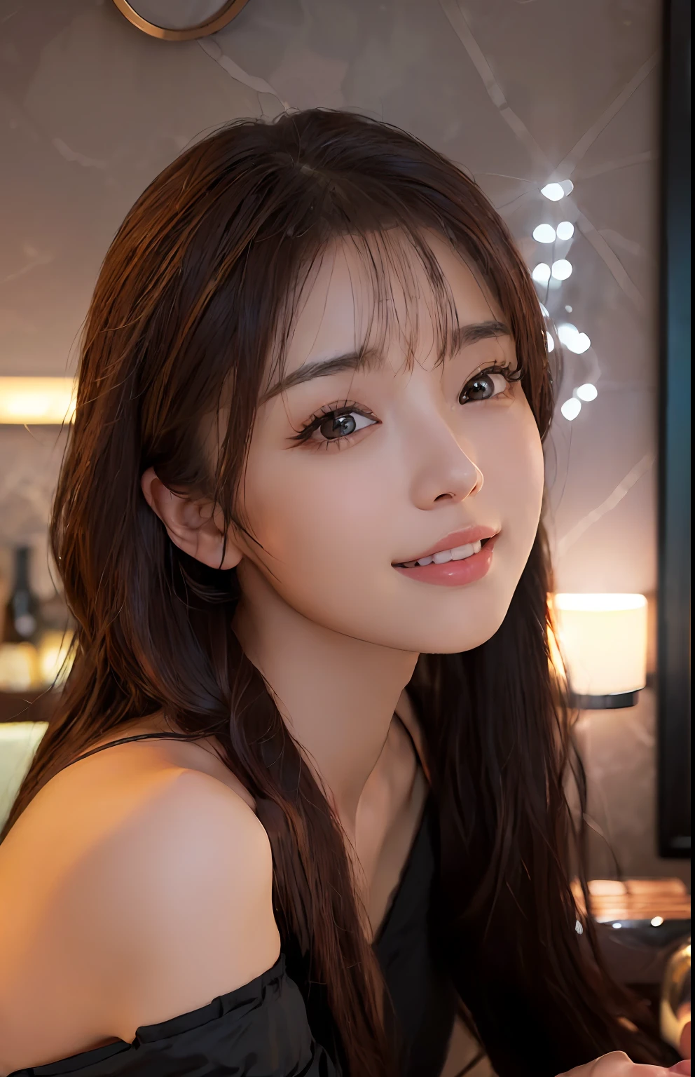 (A hyper-realistic)、(illustratio)、(hight resolution)、(8K)、(ighly detailed)、(Best Illustration)、(beautifully detailed eyes)、(top-quality)、(ultra-detailliert)、(masterpiece)、(wall-paper)、(A detailed face)、独奏、1 girl in、full bodyesbian、gazing at viewer、Fine eyes and mouth、A detailed face、a bar counter、in the darkness nigth、lowkey、pureerosfaceace_v1、a smile、Long、Dark blonde straight hair、bangss、Looking out to sea、Beautiful teeth alignment、Blushing cheeks、Enraptured look、Complex off-the-shoulder clothing、