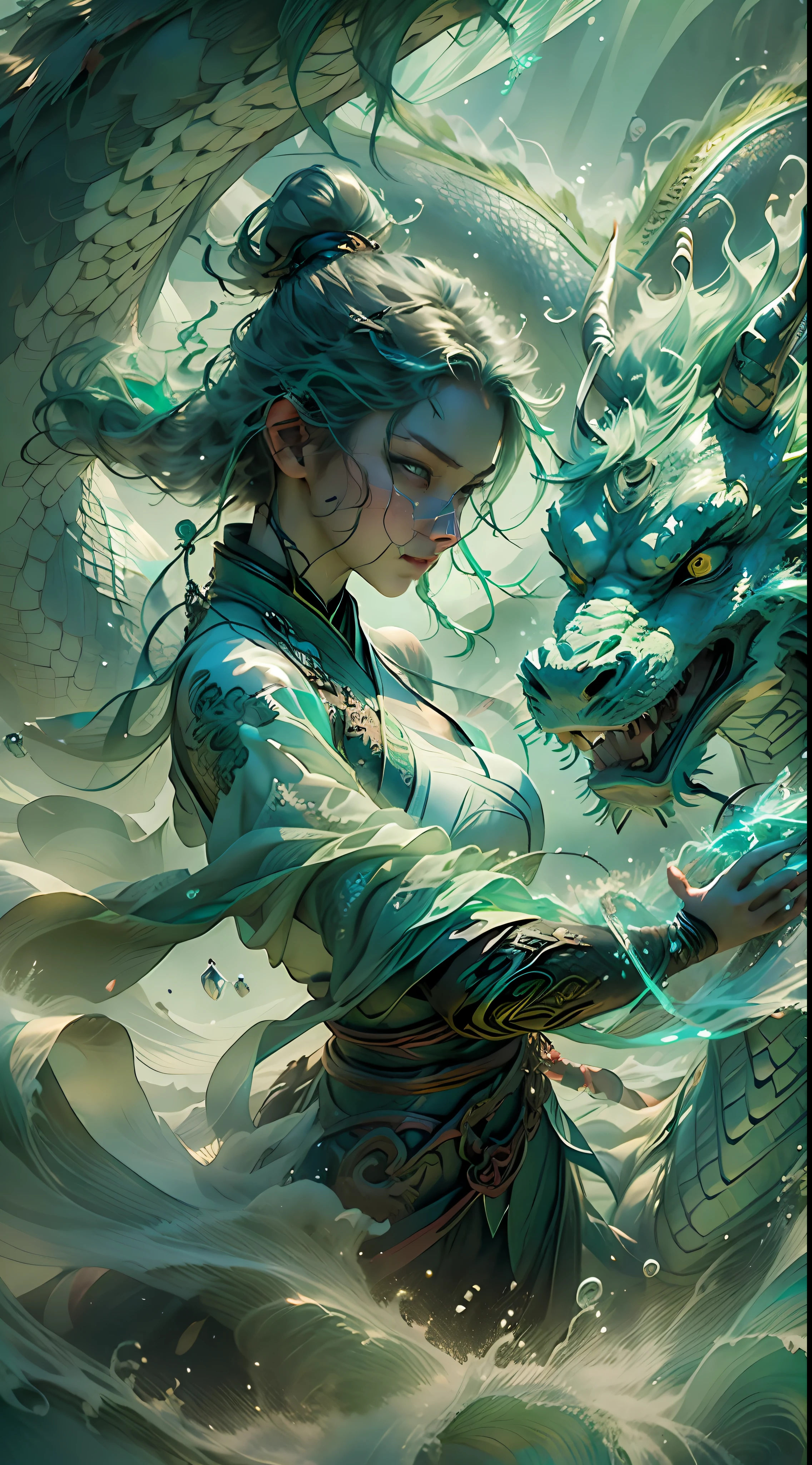 drak，chinesedragon，a Oriental Dragons，（Wind element），Tornado，salama，dynamic blur，Dragon Princess，Peerless beauty，Delicate Face Portrayal，Extra-long hair blown by the wind，loong background，（The light green dragon is behind the dragon girl），Beautiful dragon hair accessories，Light green transparent dragon wings，Long flowing light green hair，dragon claw，Absolutely beautiful，Light green fluorescent transparent tulle skirt，（（facial closeups）），Windswept clouds，Big wind，Water surrounds，Gorgeous highlights，Light green particle effect，Facial depiction in ultra-fine detail，Delicate fingers，crystals texture skin，Bigboobs，Wind surrounds，Close-up，dream magical，Both shoulders are hollowed，ssee-through，cleanness，Multi-cloud 8K resolution、depth of fields、Macro lens