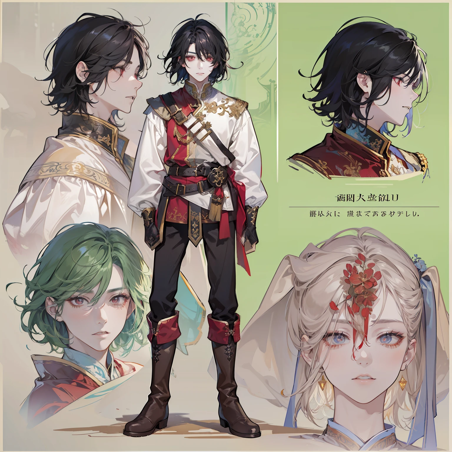 1 boy, solo, black hair, square, Bob hairstyle, bean, shoulder-length hair, red eyes, shirt, high boots, Lightweight clothing, medieval theme, looking at viewer, fantasy art, beautiful painting, guwaika style, epic exquisite character art, stunning characters, man, lean (reference sheet:1.5)