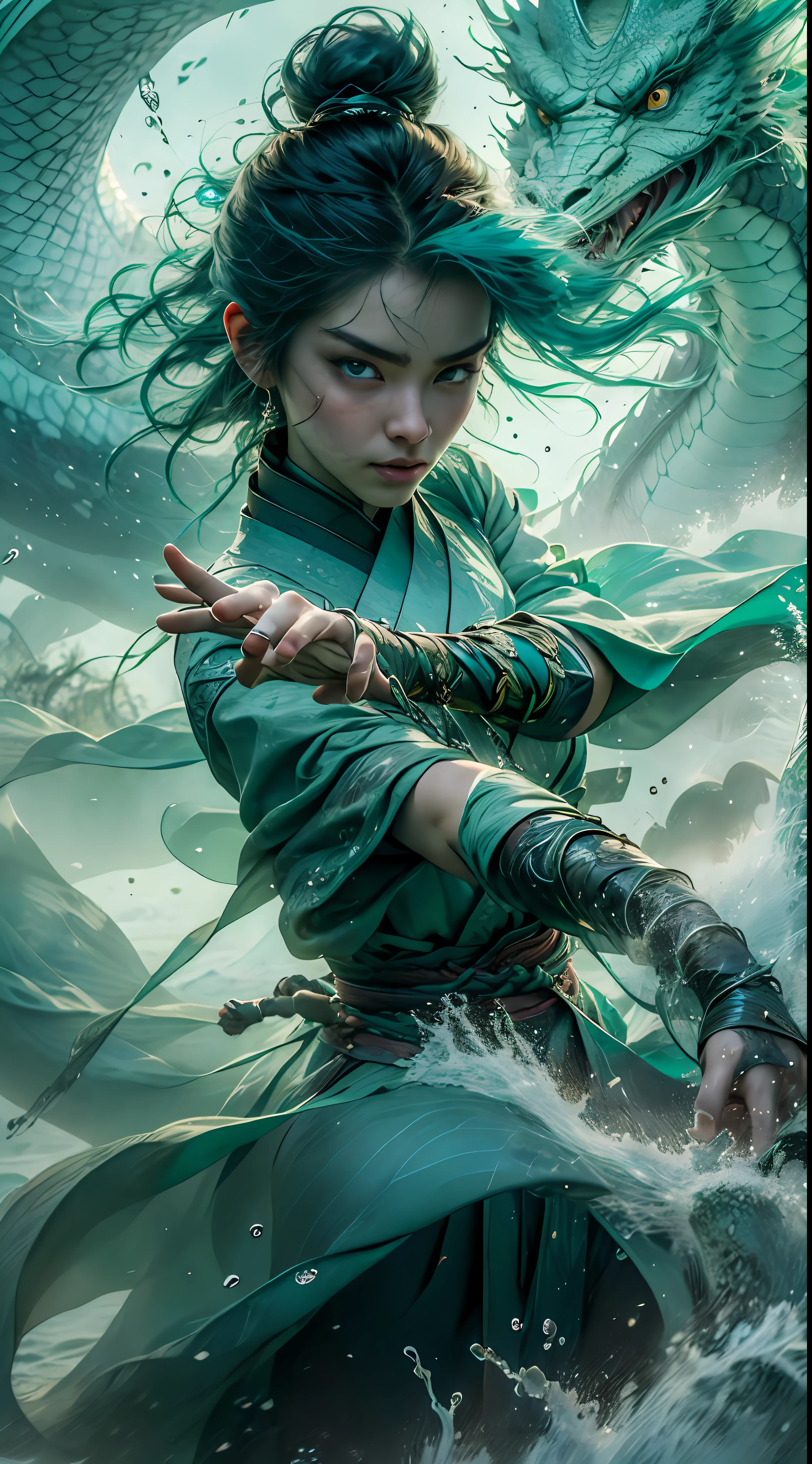 drak，chinesedragon，a Oriental Dragons，（Wind element），Tornado，salama，dynamic blur，Dragon Princess，a mature female，Peerless beauty，Delicate Face Portrayal，Extra-long hair blown by the wind，loong background，（The light green dragon is behind the dragon girl），Beautiful dragon hair accessories，Light green transparent dragon wings，Long flowing light green hair，dragon claw，Absolutely beautiful，Light green fluorescent transparent tulle skirt，（（facial closeups）），Windswept clouds，Big wind，Water surrounds，Gorgeous highlights，Light green particle effect，Facial depiction in ultra-fine detail，Delicate fingers，crystals texture skin，Bigboobs，Wind surrounds，Close-up，dream magical，Both shoulders are hollowed，ssee-through，cleanness，Multi-cloud 8K resolution、depth of fields、Macro lens