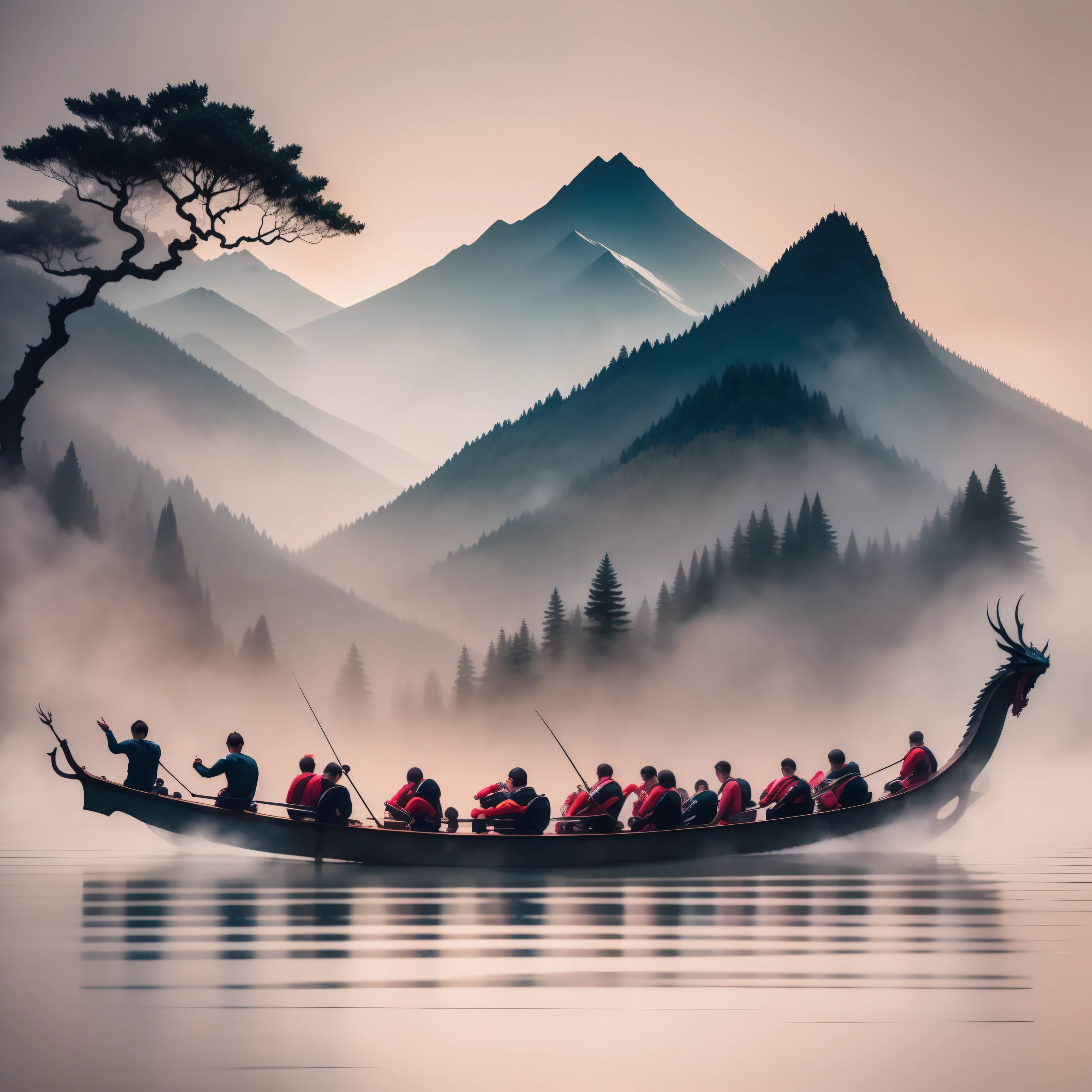 Dragon boat races，white background, scenery, ink, mountains, water, trees