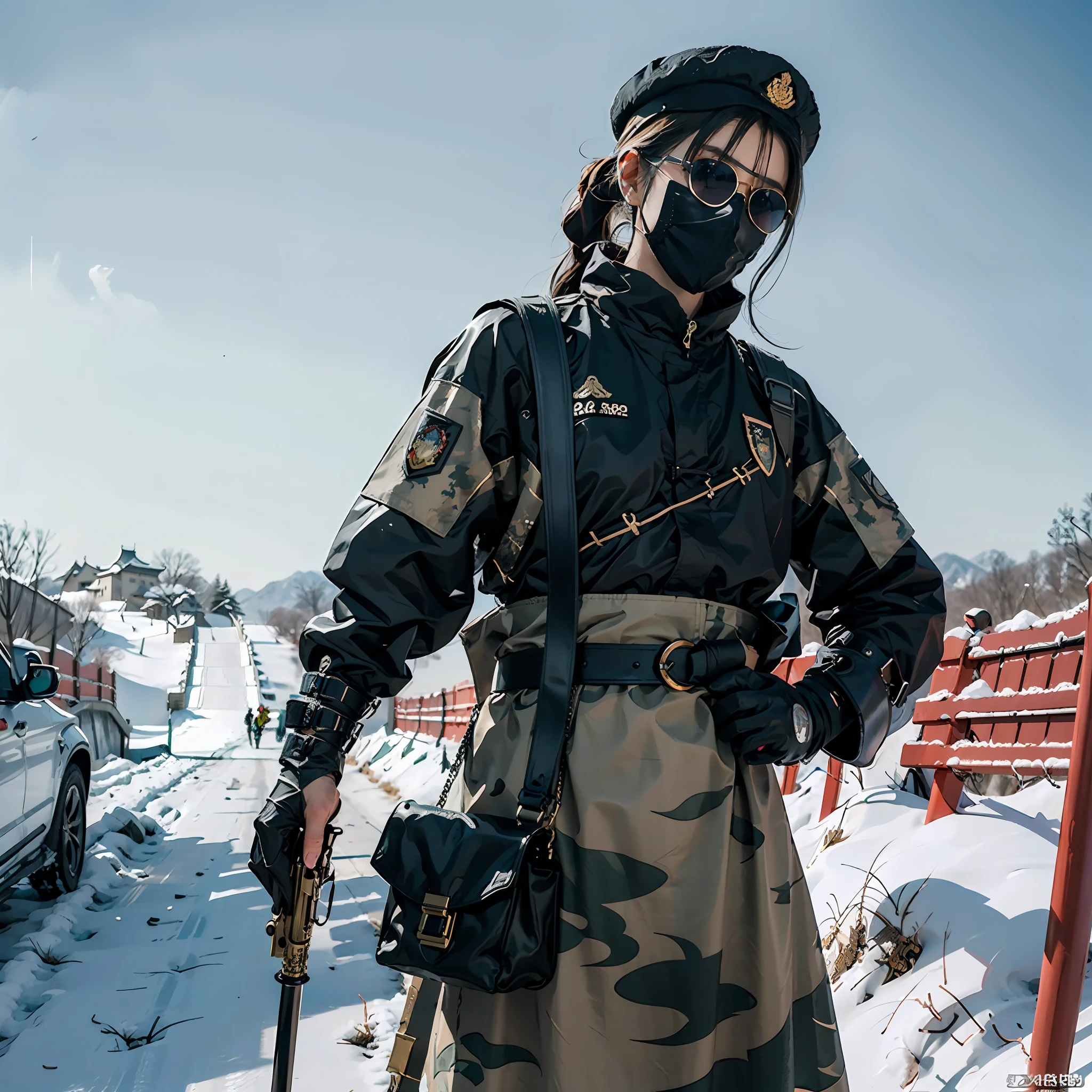 in a panoramic view，photorealestic，Modern style，Blue sky,，Great Wall military base，3girl，Wear a camouflage Chinese modern military uniform，Wearing high-tech Chinese body armor，Wearing a black berets，Black mask，Black sunglasses，Wear a Chinese saber，Carry a pistol，Carry an automatic rifle，Stand in front of the Great Wall，Sharp eyes，professinal，Meistwick，commissioned，best qualtiy，color corrected，After fixation，Retouching，Improvement，Epic，Tone-mapping，the detail， highly  detailed， digitial painting， art  stations， Conceptual map of the long dam， Smoothness， Sharp focus， Beautiful illustration， photore， The light from the back window is backlighted， 动态照明， Mist， 复杂， cinematic grain， professinal， face to the viewer，（Beautiful m3d_woman， Perfect M3D_face,）， Volumetriclighting， subsurfacescattering， Good highlights， Good shadows， cinematic ligh