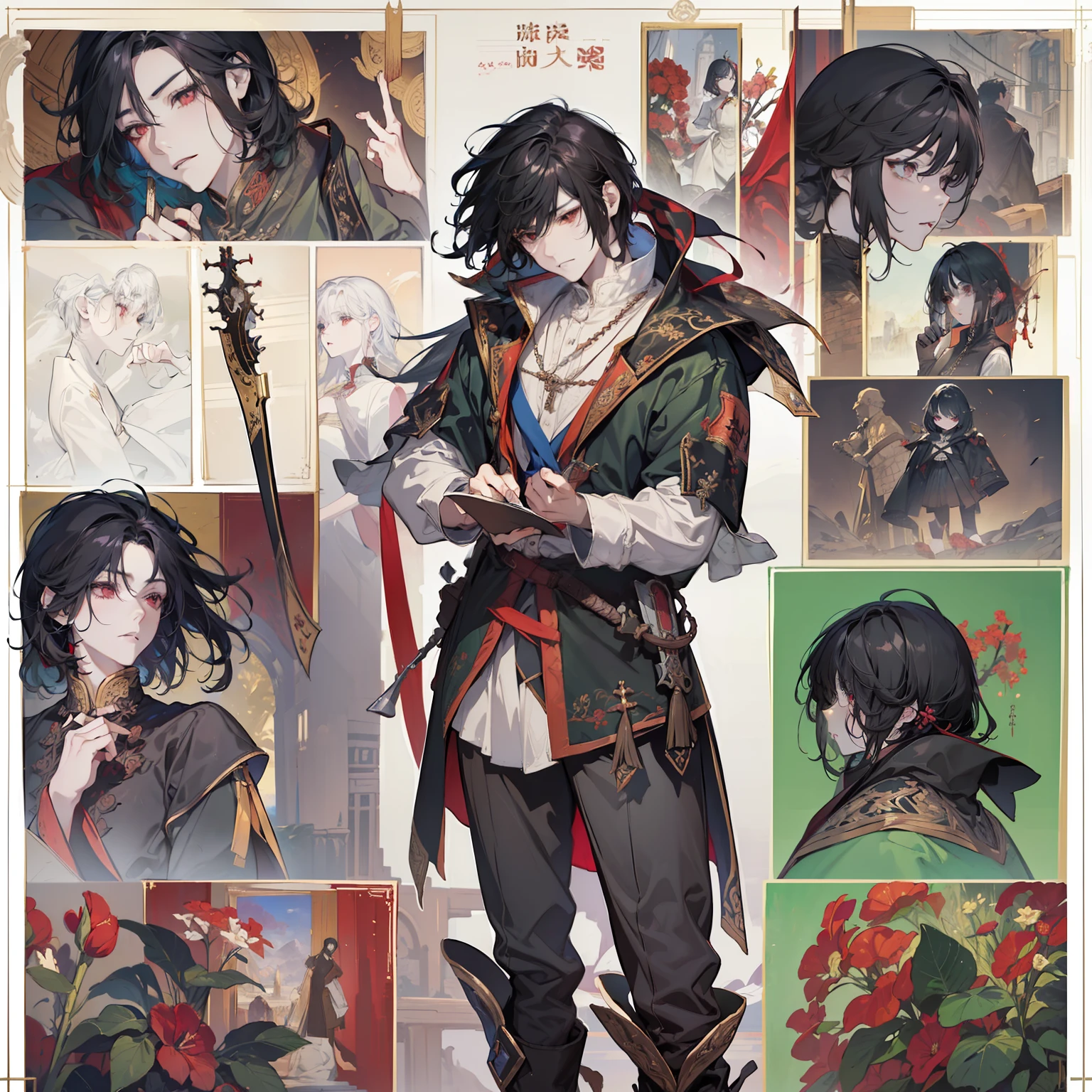 1 boy, solo, black hair, square, Bob hairstyle, bean, shoulder-length hair, red eyes, shirt, high boots, Lightweight clothing, medieval theme, looking at viewer, fantasy art, beautiful painting, guwaika style, epic exquisite character art, stunning characters, man, lean (reference sheet:1.5)