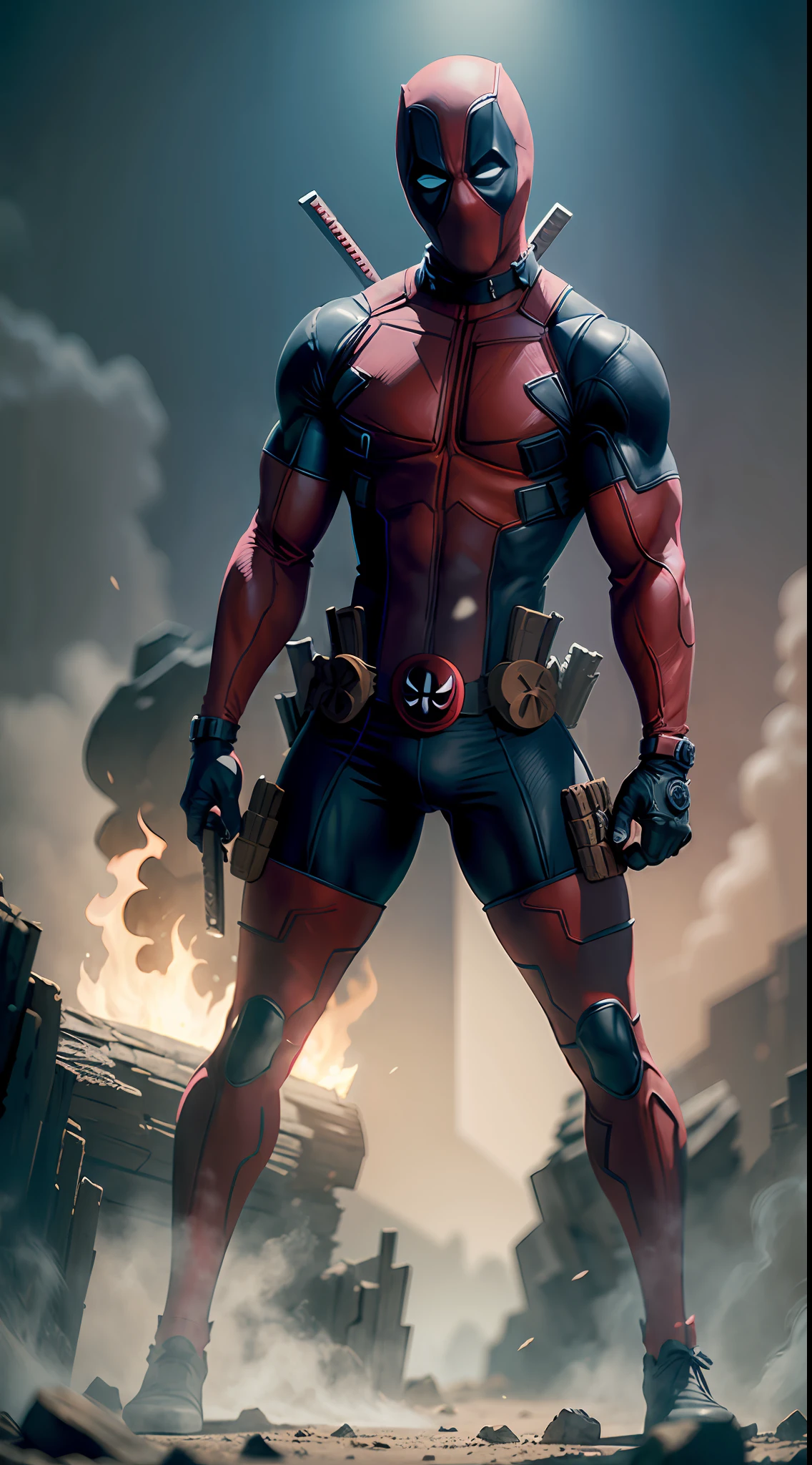 (deadpool), (deadpool musculoso), deadpool, corpo masculino, corpo musculoso, dentro de uma caverna, caverna escura, luz lua cheia, tambores com fogo, musculoso, uniforme detalhado e moderno, nevoeiro sombrio, luzes em seu uniforme, anti-hero pose, foto do corpo inteiro, full body angle, visible whole body, head arms legs,