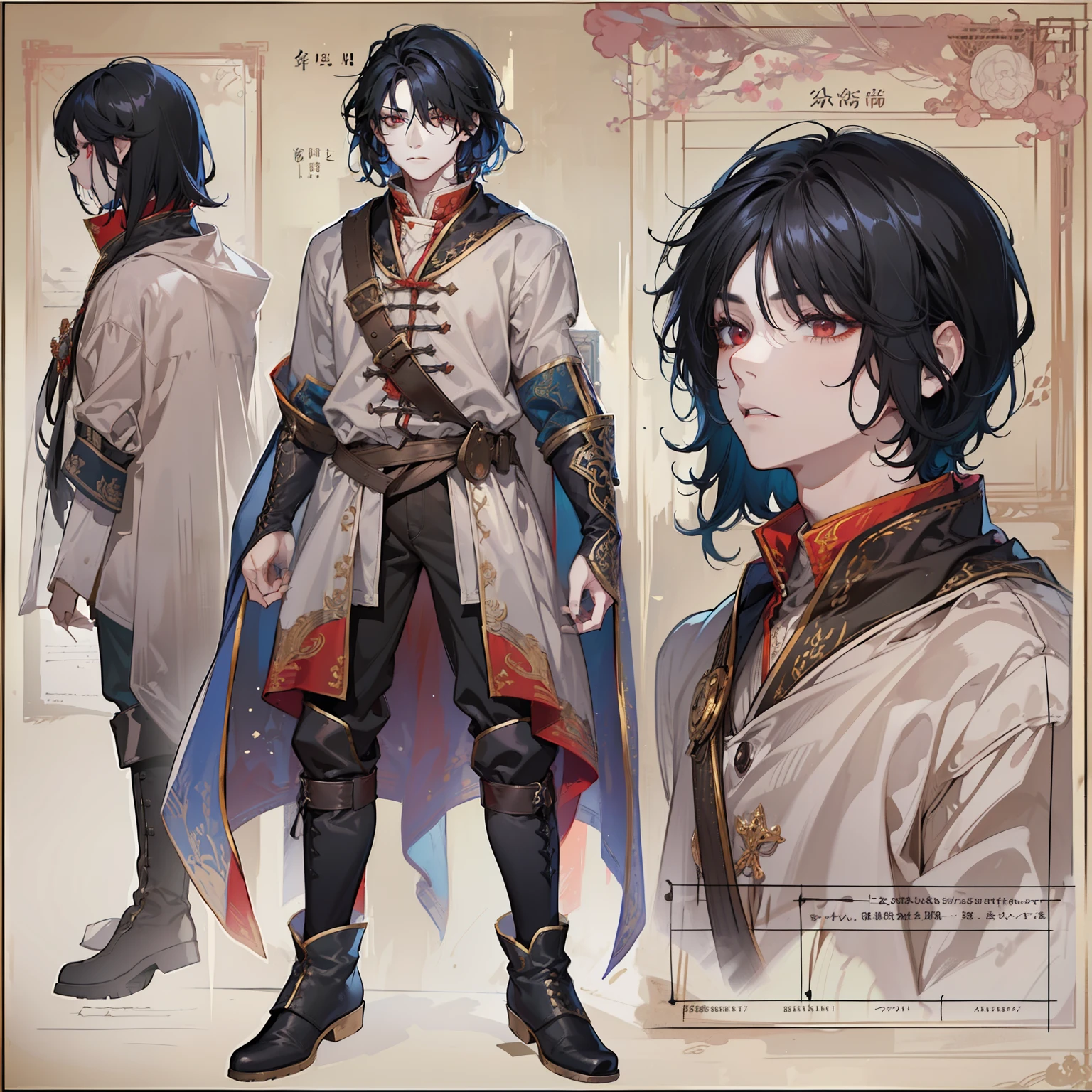 1 boy, solo, black hair, square, Bob hairstyle, bean, shoulder-length hair, red eyes, shirt, high boots, Lightweight clothing, medieval theme, looking at viewer, fantasy art, beautiful painting, guwaika style, epic exquisite character art, stunning characters, man, lean (reference sheet:1.5)