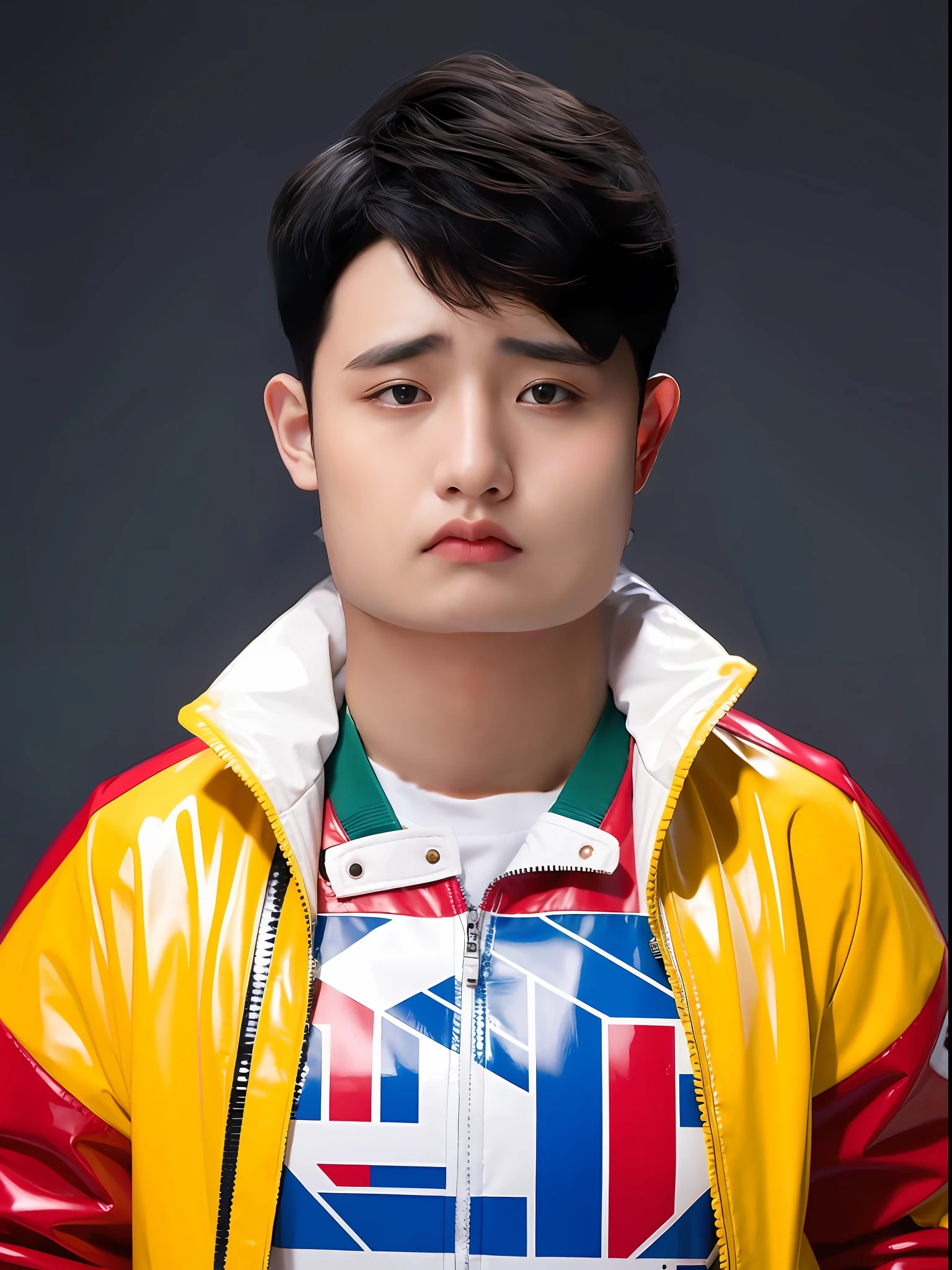 Chinese male high school student，Wear a PVC colored leather jacket，wearing hat