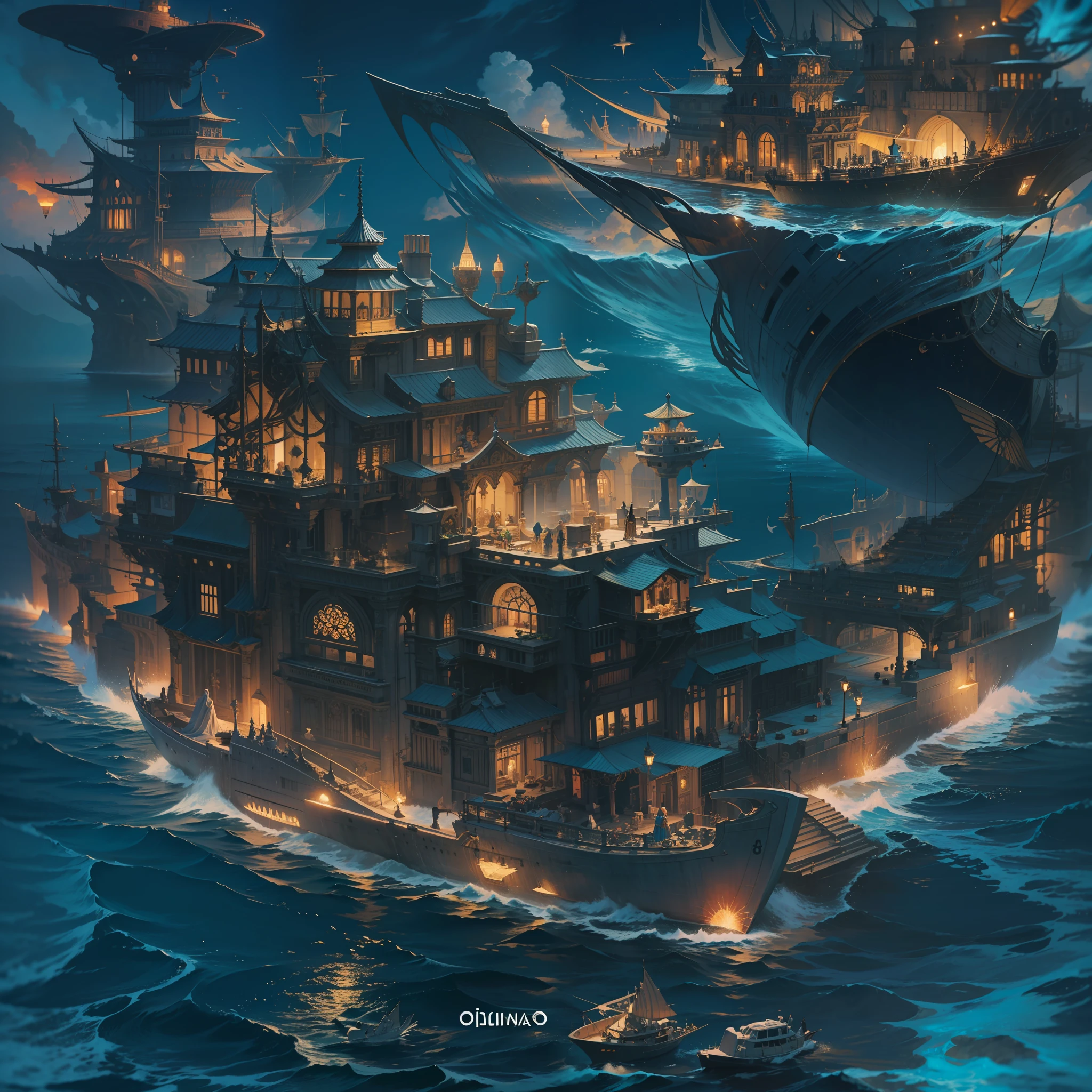isla flotante detallada, isalas flotante, definida, isla flotante ultra calidad, obra maestra, iluminacion volumetrica, Flying in the middle of the ocean, cielo es un oceano con olas, oceano azul rey, fantasia, sparks, unico, fantastico