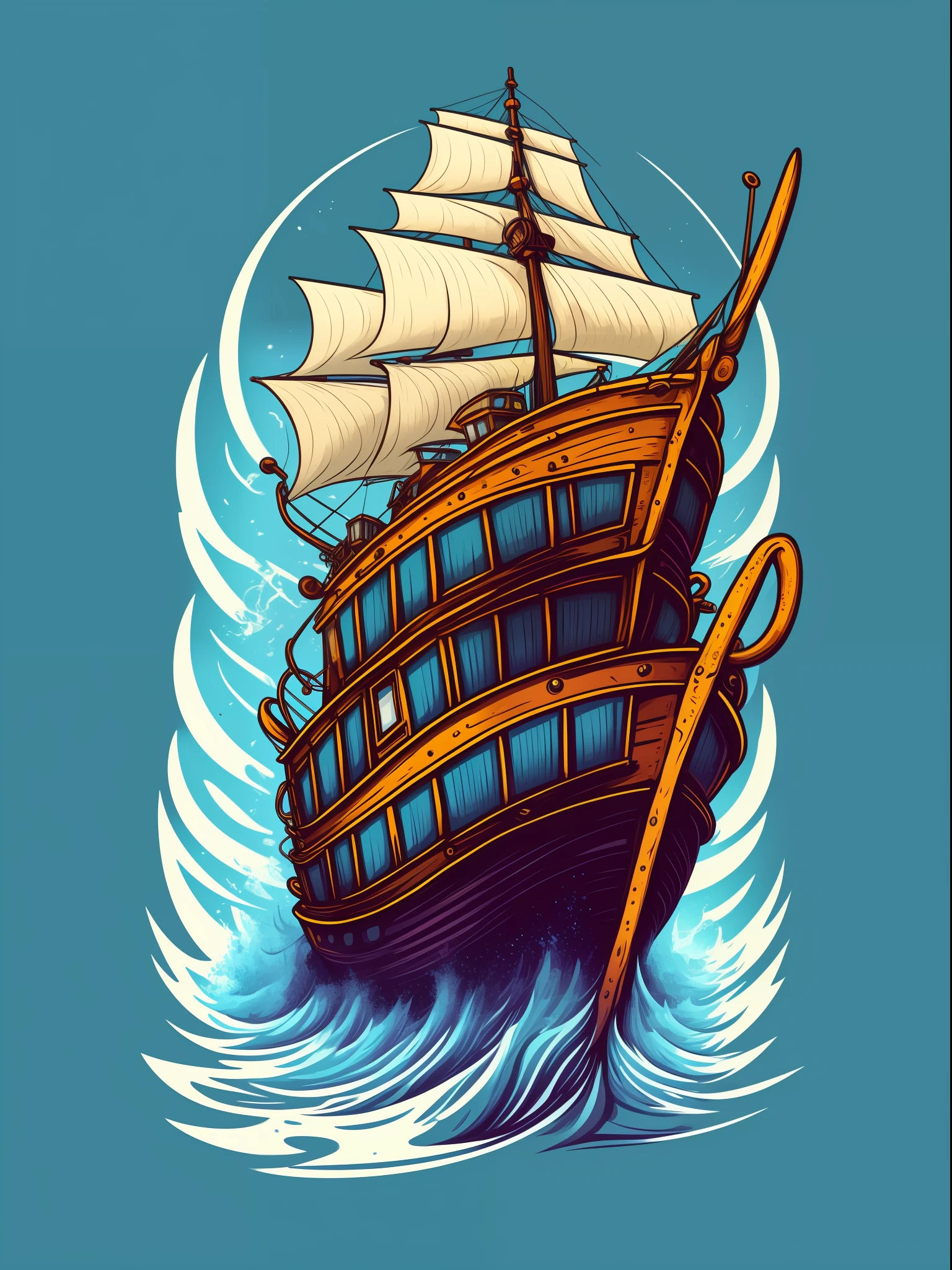 vector t-shirt design ready to print, illustration of a old fishing boat, side view, STICKER, white clean background, pro vector, high detail, t-shirt design, grafitti, vibrant,