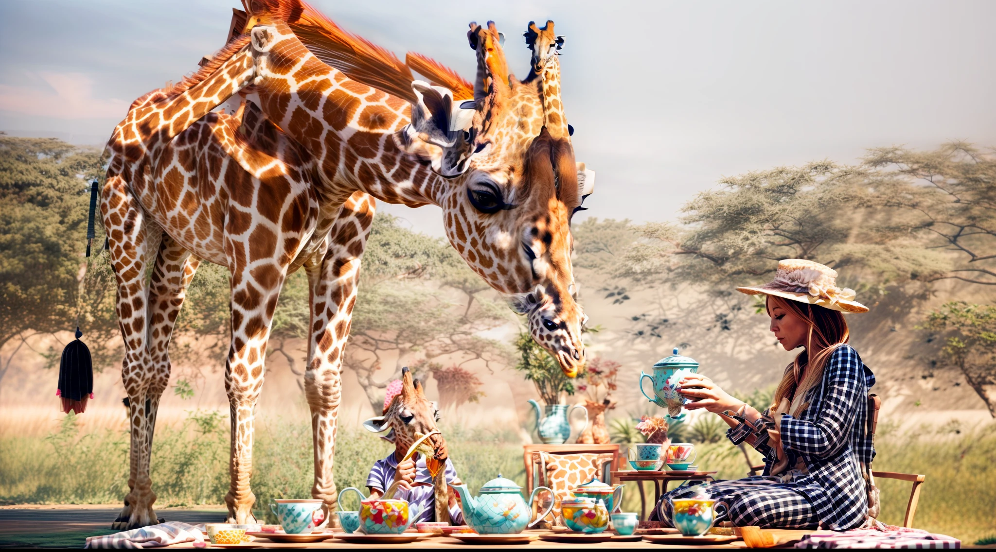 Giraffe having a tea party with a human