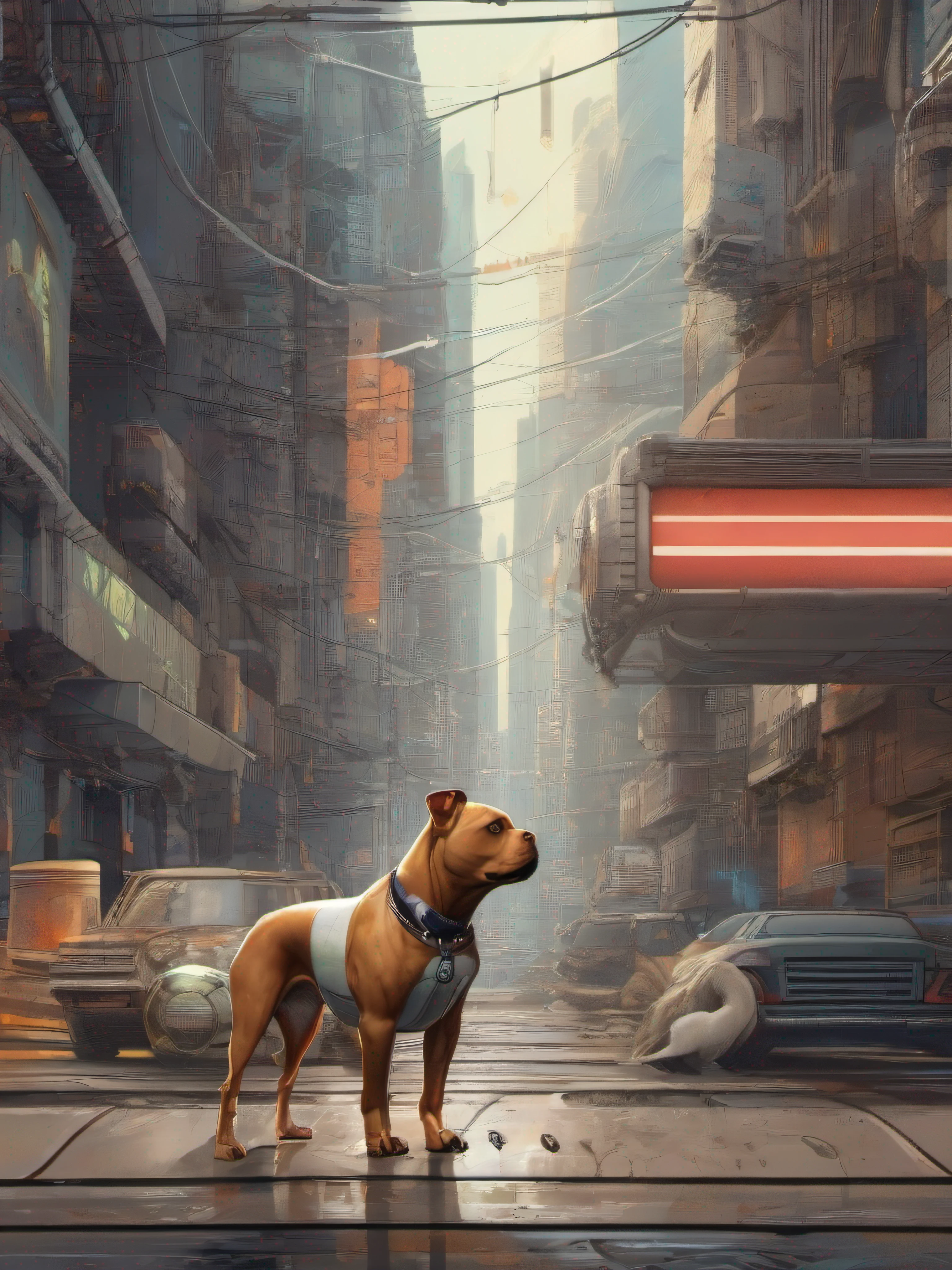 "Imagine an illustration of a pet, um dog, A complex character with a cyberpunk-style aesthetic, apresentado em um hiper-realismo impressionante. A arte captura todo o corpo do personagem, displaying insane fine details with extremely sharp lines and rounded edges. Every inch of the composition is highly detailed, showing the exceptional creative direction of the talented Greg Rutkowski. The image is a true masterpiece, standing out on ZBrush Central and gaining notoriety as a trend on ArtStation. The photograph was expertly captured in a professional studio, ensuring a sharp focus and providing a complete view of the character. Every intricate detail is meticulously displayed in the central plane of the composition, sem qualquer corte em qualquer dos elementos. The result is a stunning image that highlights the ingenuity of rapid creation in rapid engineering, demonstrating how it is possible to achieve an impressive level of precision and artistic perfection. This illustration of the complex character enchants the viewer with its beauty and originality, Offering a fascinating insight into the Pit Bull character. It is a testament to the power of rapid engineering in generating highly engaging and immersive images, where all the elements are harmoniously integrated into the central plane of the composition, providing a complete and impactful visual experience."