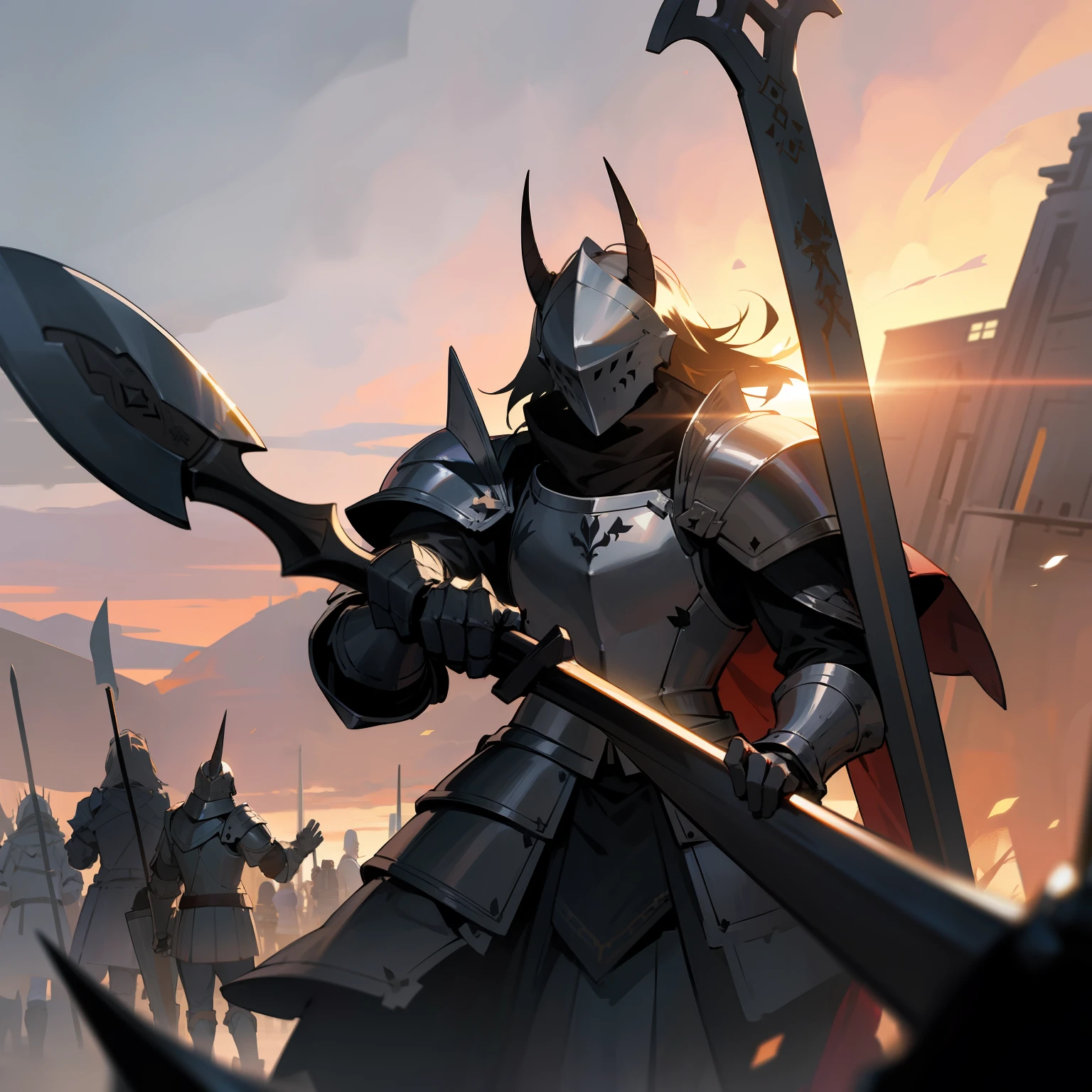 armored knight, horn helmet, no visible face, grey armor, holding great axe, 2 metros de altura, in a battlefield, sunset, blooded armor