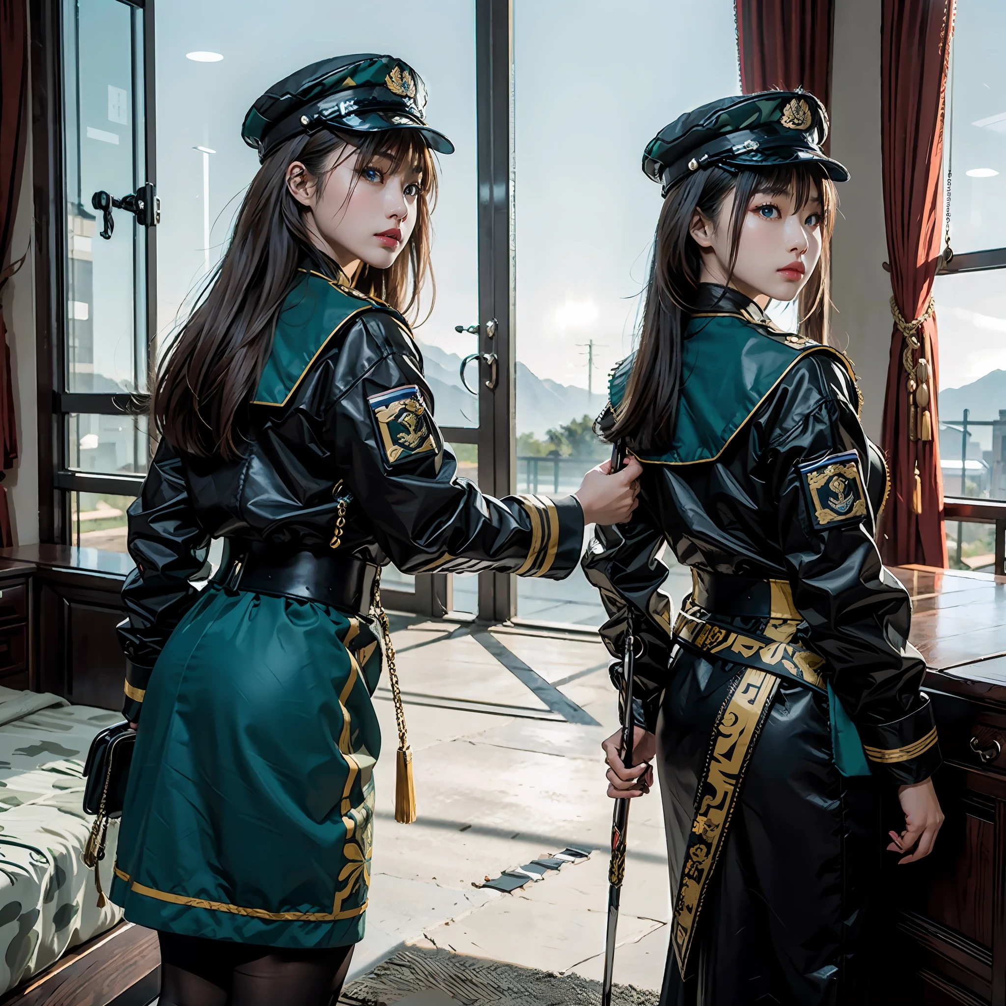 in a panoramic view,photorealestic,Modern style,Blue sky,,Great Wall military base,3girl,Wear camouflage Chinese modern military uniform,Wearing high-tech Chinese body armor,Wearing a black berets,All-inclusive black mask,Wear a Chinese sabre,Carry a pistol,Carry an automatic rifle,Stand in front of the Great Wall,Sharp eyes,professinal,Meistwick,commissioned,best qualtiy,color corrected,After fixation,Retouching,Improvement,Epic,Tone-mapping,the detail, highly detailed, digitial painting, art stations, Conceptual map of the long dam, Smoothness, Sharp focus, Beautiful illustration, photore, The light from the back window is backlighted, 动态照明, Mist, 复杂, cinematic grain, professinal, face to the viewer,(Beautiful m3d_woman, Perfect M3D_face,), Volumetriclighting, subsurfacescattering, Good highlights, Good shadows, cinematic ligh