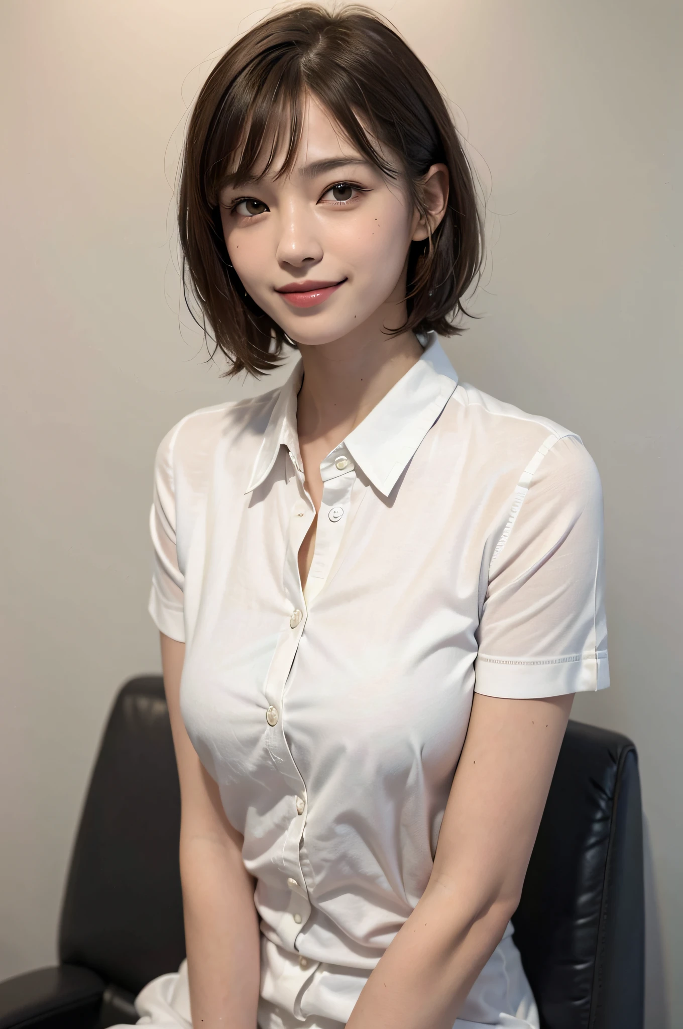 (8k, top quality, masterpiece: 1.2), (realistic, photorealistic: 1.37), super detailed, girl single, cute, solo, sitting, dating, (blush), (smile: 1.15), (closed mouth), big, fine beautiful eyes, big round eyes, (collared shirt: 1.1), wet, office clothes, white lace, (short hair: 1.2), floating hair NovaFrogStyle, Topless, bangs, long neck, happy smile, pretty face, realistic skin type, realistic texture