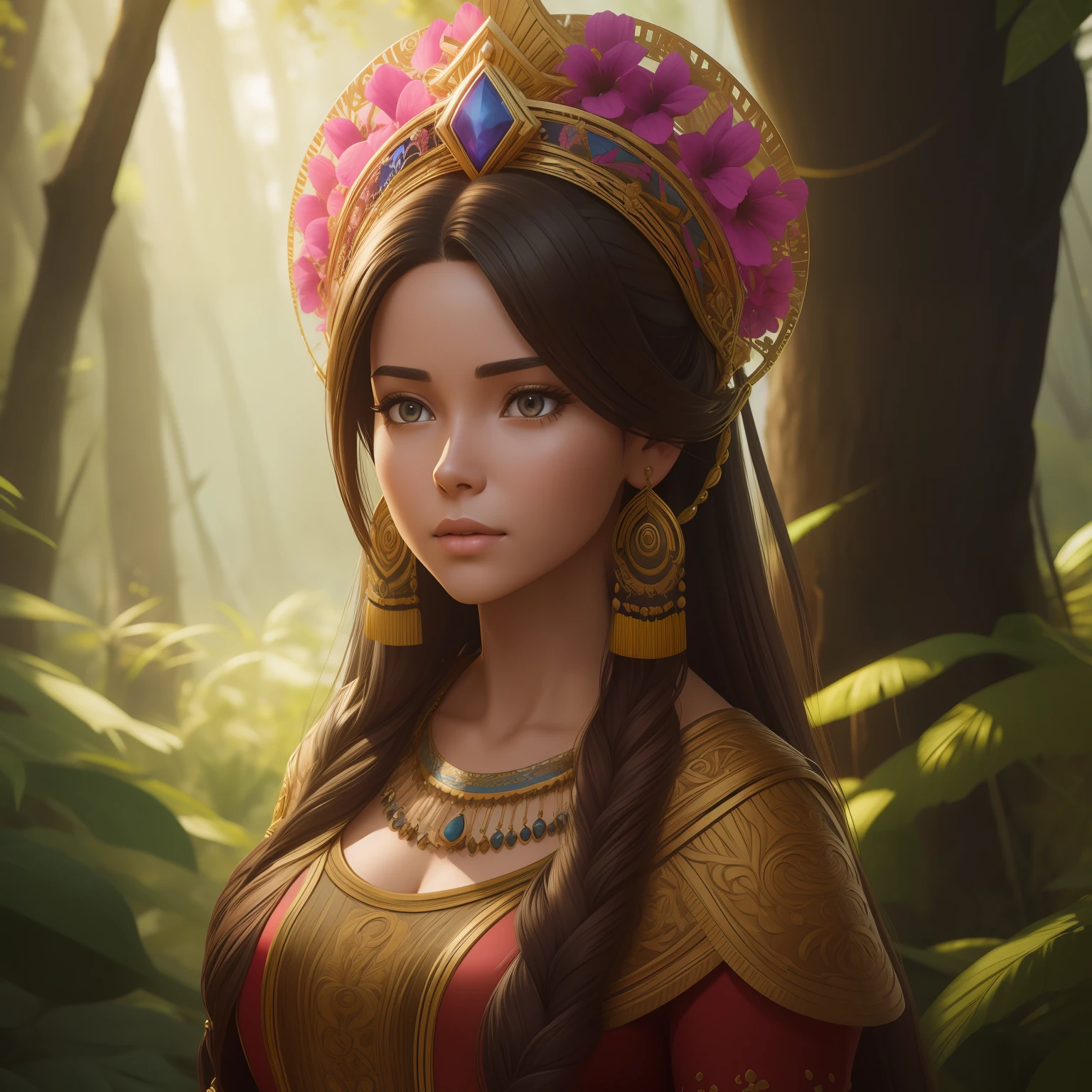 1GIRL 25 YEARS, PRINCESS INKA, peruvian girl, a beautiful woman, brown hair, Surrounded by trees, see-through dress, hair exploding into multicolored flowers, finely detailed features, intricate brush strokes, beautiful lighting, Cinematic, Color Grading, Depth of Field, intricate details, Unreal Engine, Character Concept Art, creative, expressive, stylized anatomy, digital art, 3D rendering, unique, award-winning, Adobe Photoshop, 3D Studio Max, well-developed concept, distinct personality, consistent style, HW, hand ultra-detailed,