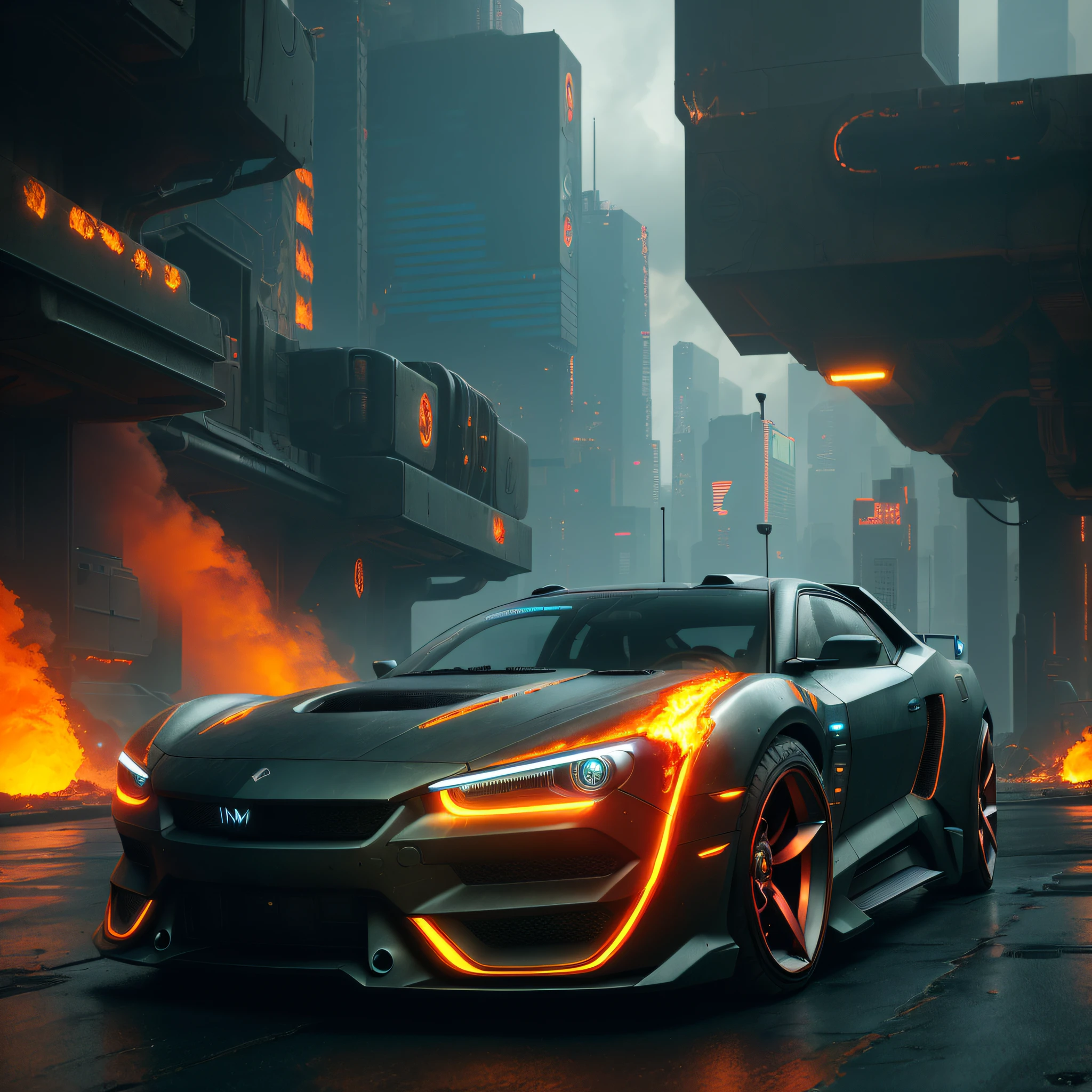 ((cyberpunk futuristic car on fire)) ((Realistic Lighting, Best Quality, 8K, Masterpiece:1.3)) Focus:1.2,Carved Abs:1.1, (Outdoor, Waterfront:1.1), City Street,