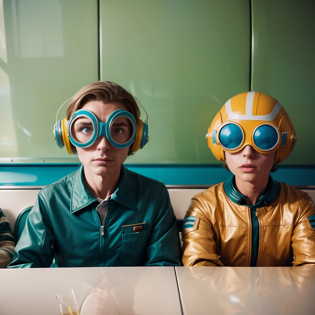 4k image from a 1960s science fiction film by Wes Anderson, Filme O Grande Hotel Budapeste, pastels colors, Young people wearing retrofuturistic alien masks and holding colorful suitcases and chests on the bus, Retro-futuristic fashion clothes from the 60s with old robots, Luz Natural, Psicodelia, futurista estranho, retro-futurista, photo-realistic, Sharp background details.