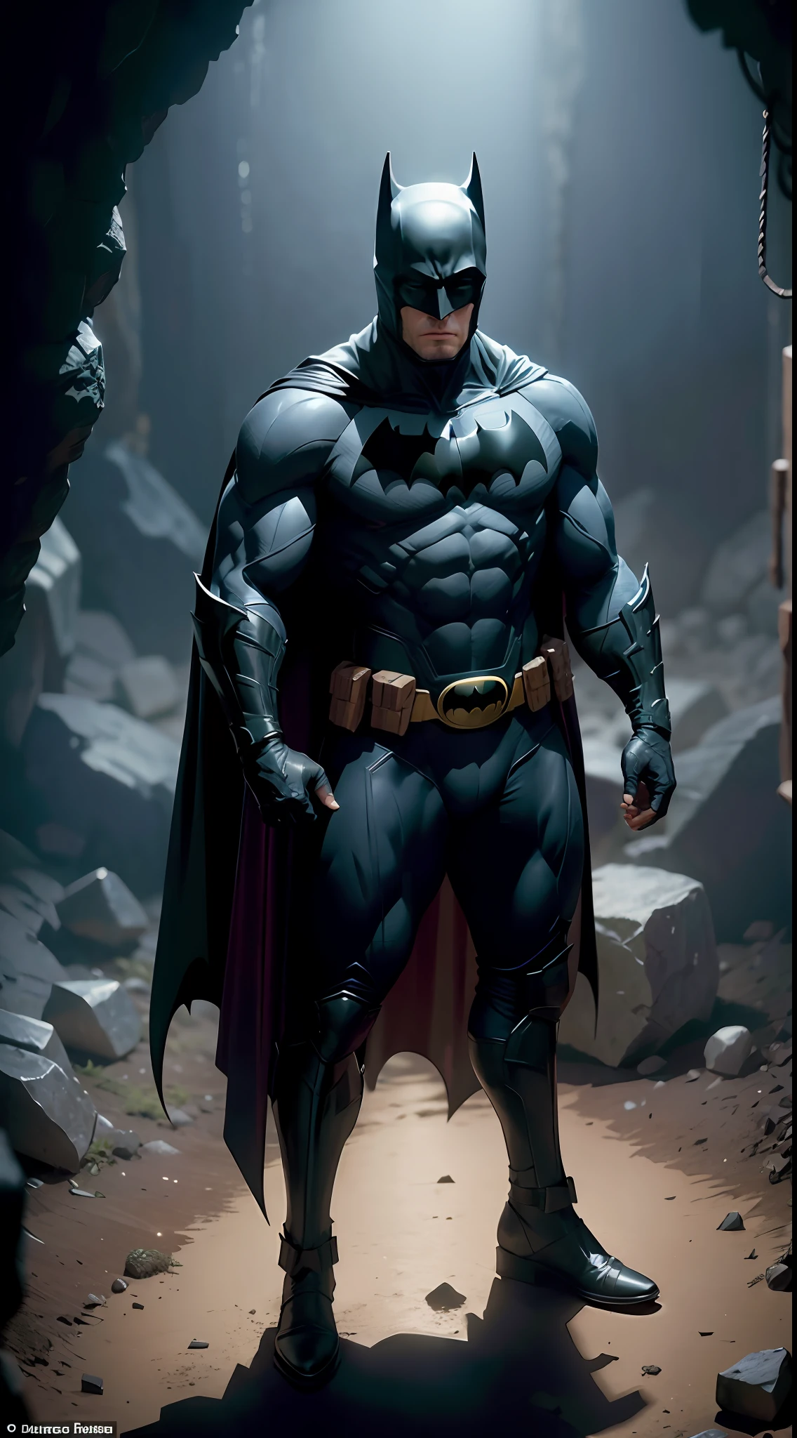 (Henry Cavill como Batman), (no mask on), (No mask), (Batman o cavaleiro das trevas), (Batman musculoso), Batman, corpo masculino, corpo musculoso, o cavaleiro das trevas, dentro de uma caverna, caverna escura, luz lua cheia, morcegos sobrevoando dentro da caverna, musculoso, uniforme detalhado e moderno, nevoeiro sombrio, batcaverna, esconderijo do Batman, luzes em seu uniforme, anti-hero pose, foto do corpo inteiro, full body angle, visible whole body, head arms legs,