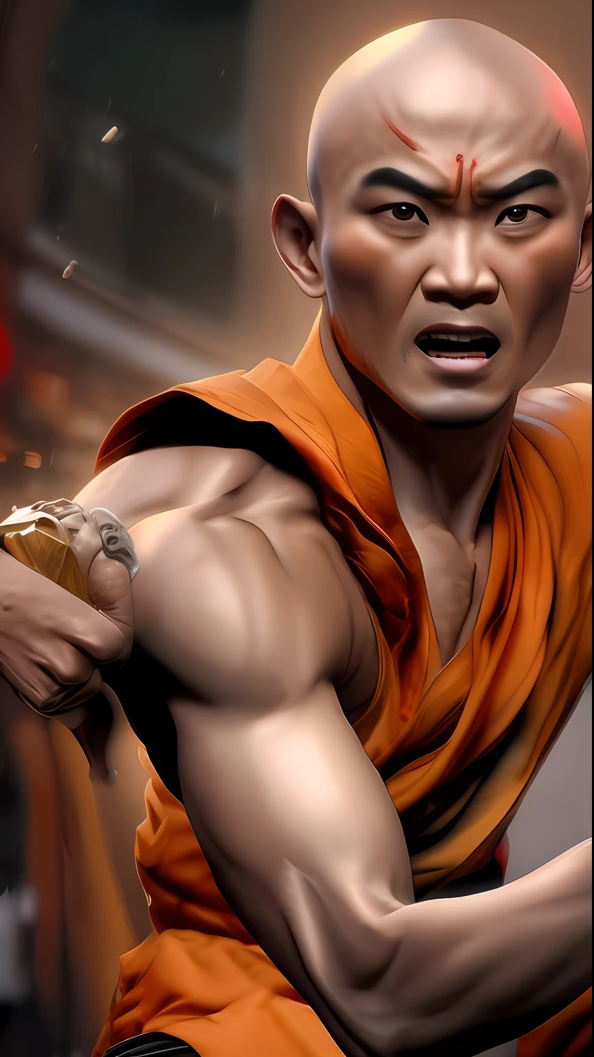 . Shaolin monk hyper - detailed, make a super power fist and destroys the world, cinematic 8k