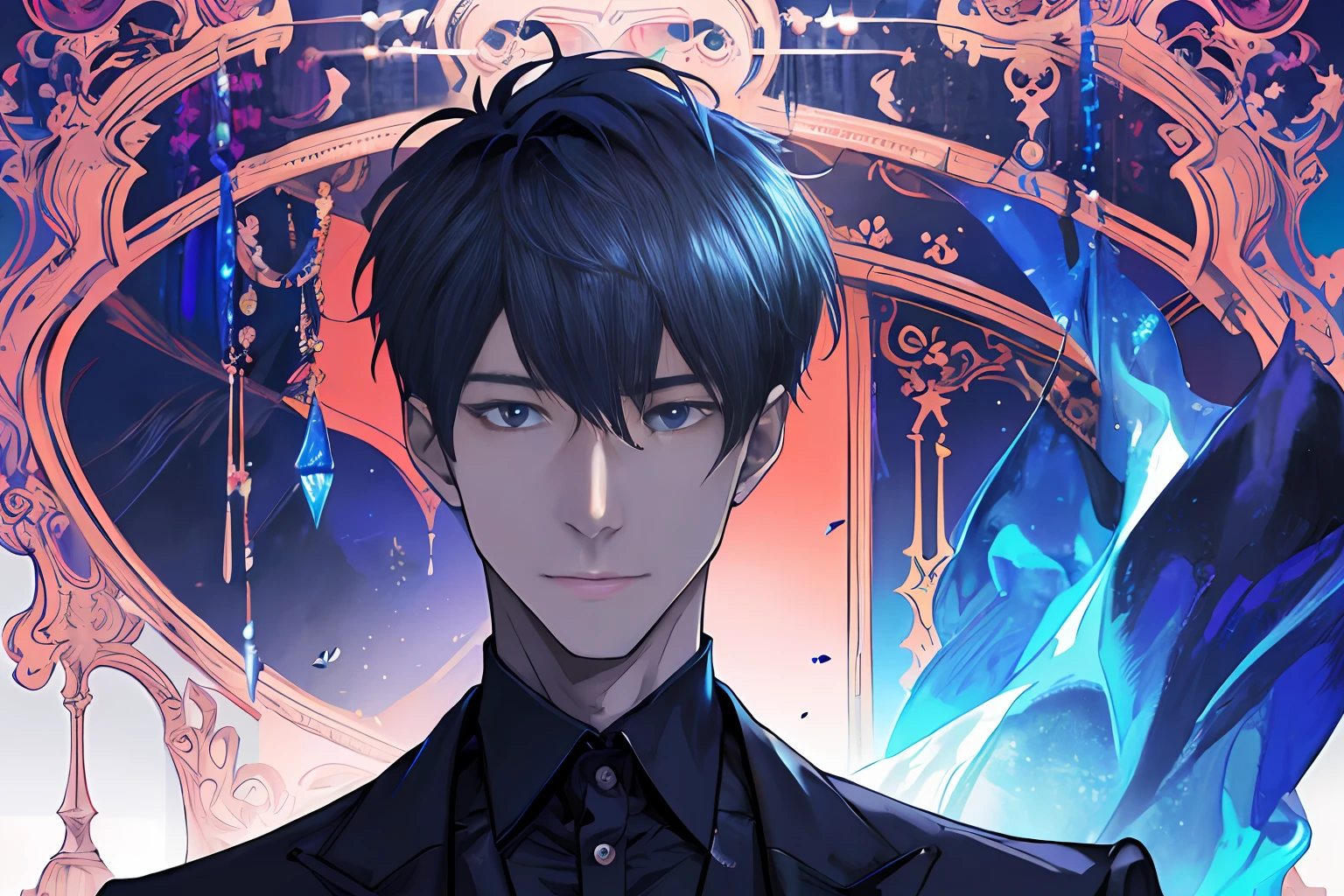 1 man, magician from Now you see me, mysterious vibe, vivid color, grim ,artistic,masterpiece, delighted face and details, high quality, digital painting, official wallpaper, ||,