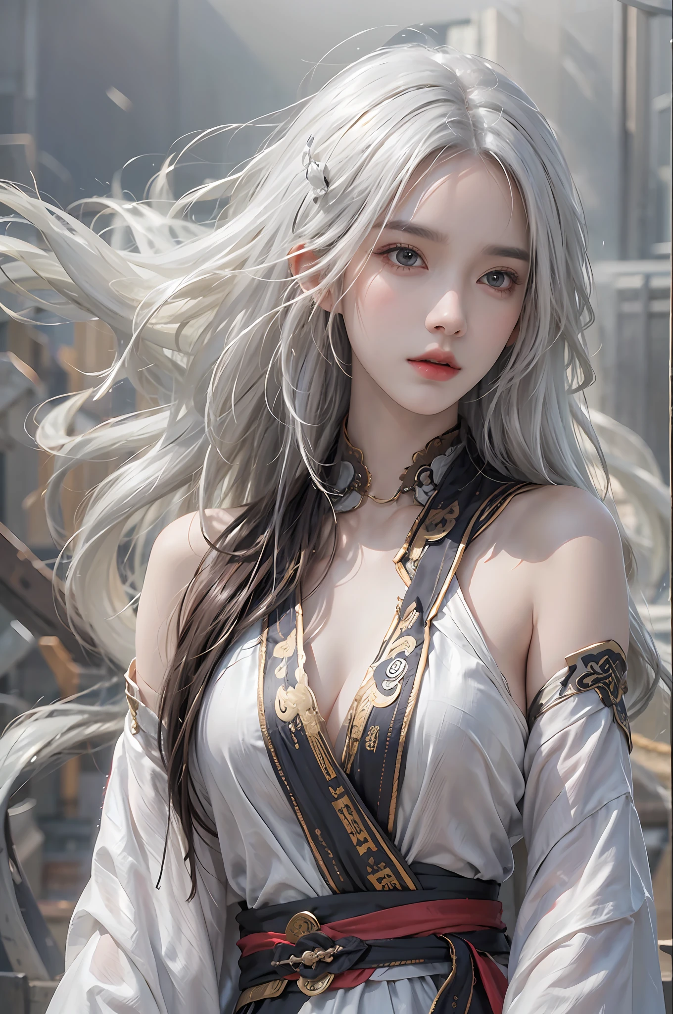 photorealistic, high resolution, 1women, solo, hips up, look at viewer, (detailed face), white hair, long hair, medium breasts, Taoist, sad