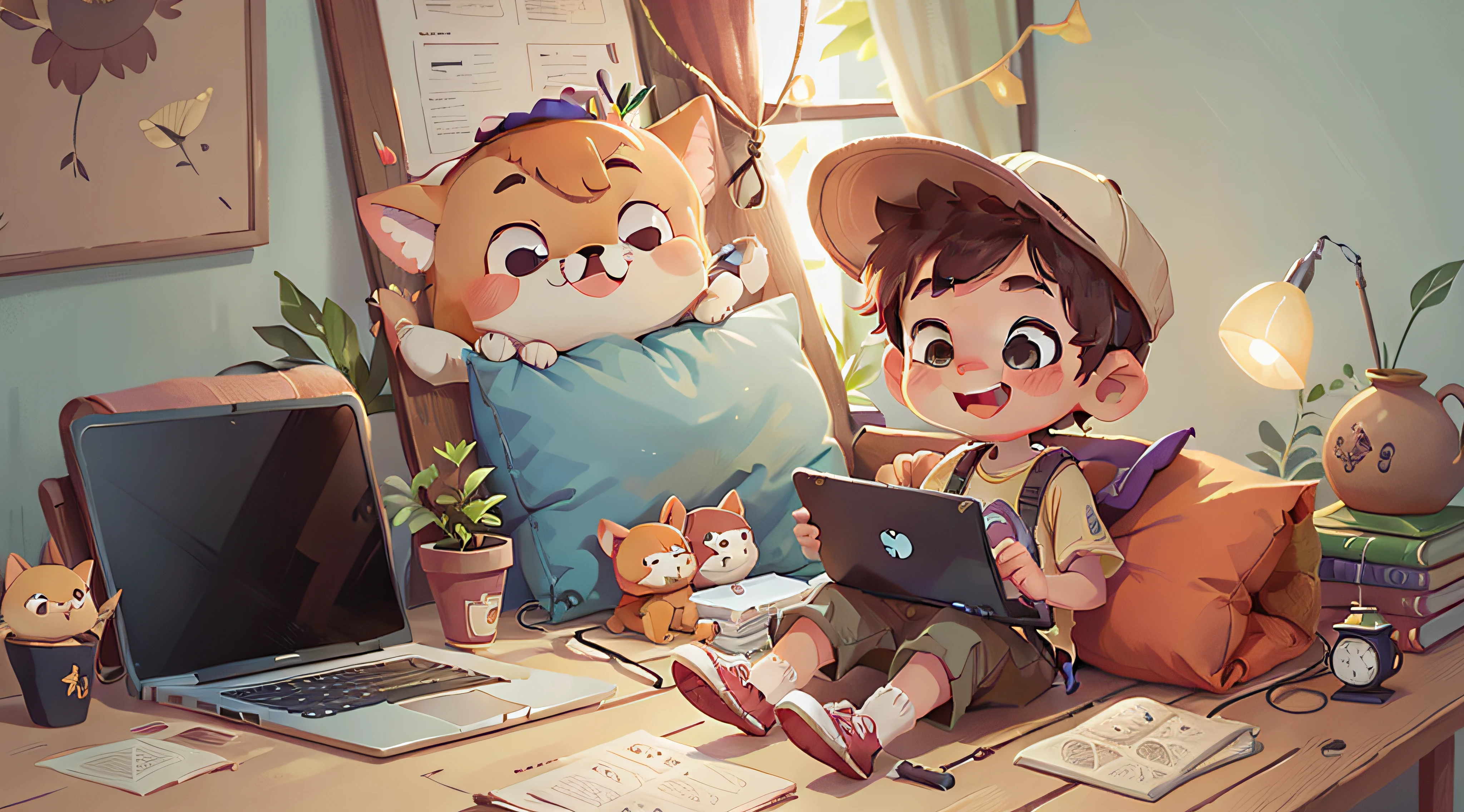 a cute boy using laptop, he's happy, he's sitting, full body, he wears a hat, detailed, high resolution