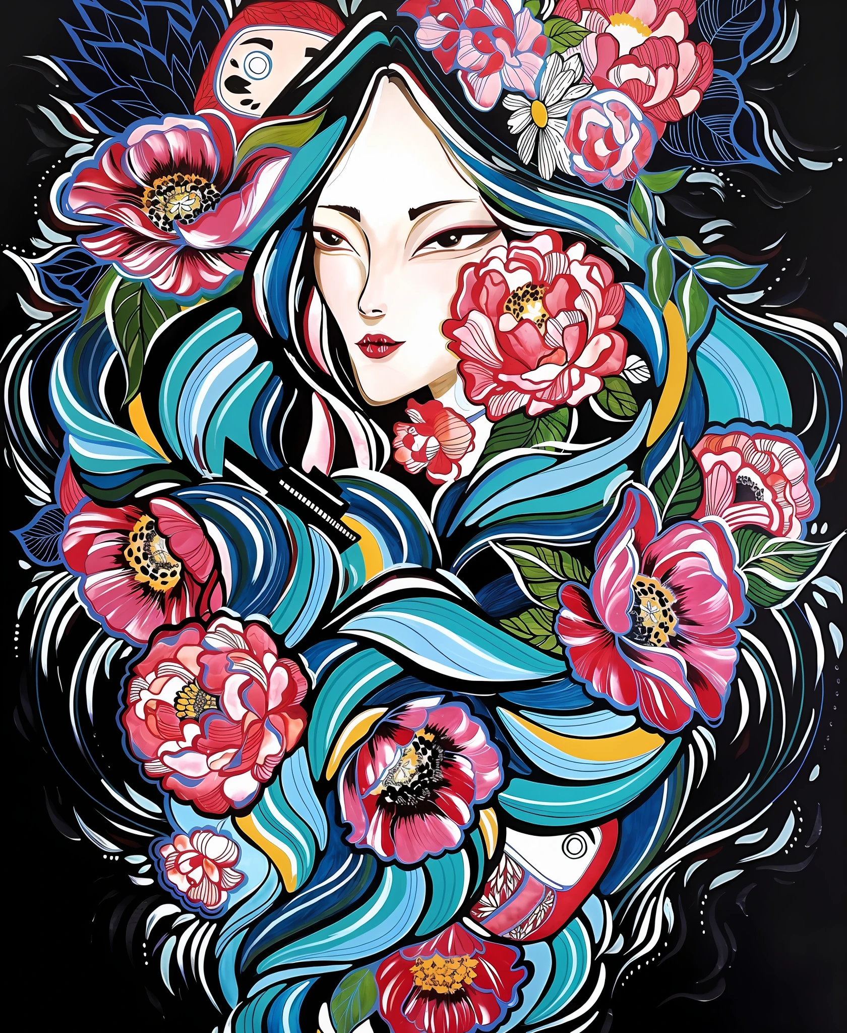um close up de uma pessoa com uma tatuagem no rosto, inspirado em Utagawa Kuniyoshi, flores em seus cabelos escuros, inspirado por James Jean, Retrato da tempestade da flor, inspired by Itō Shinsui, mulher nas flores, deusa flor, inspirado em Utagawa Kunisada II, inspirado em Utagawa Kunisada III, Jen Bartel