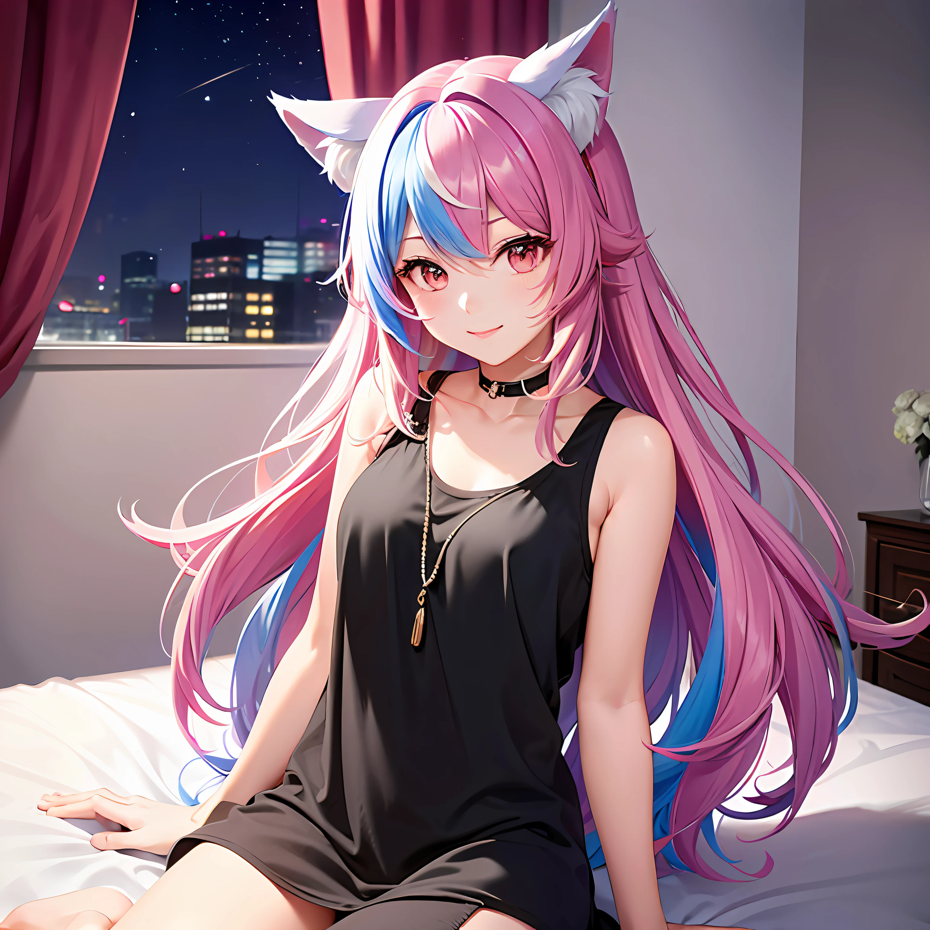 Close up, upper body, 1 girl, smile, wolf ears, wolf tail, pink eyes, hair between eyes, split color hair: 5, ((((Colorful hair color: 1)))), ((((Random hair color: 1)))), Colorful hairstyle: 5, Striped hair, Long hair, hair end jewels, (Cute random character tank top: 5 to 5 random panty figures: 15), JewelryAI super luxurious bedroom and cute interior: 5, (on the bed: 15), sit in, embarrassingly look at the viewer and laugh, blush, night landscape,