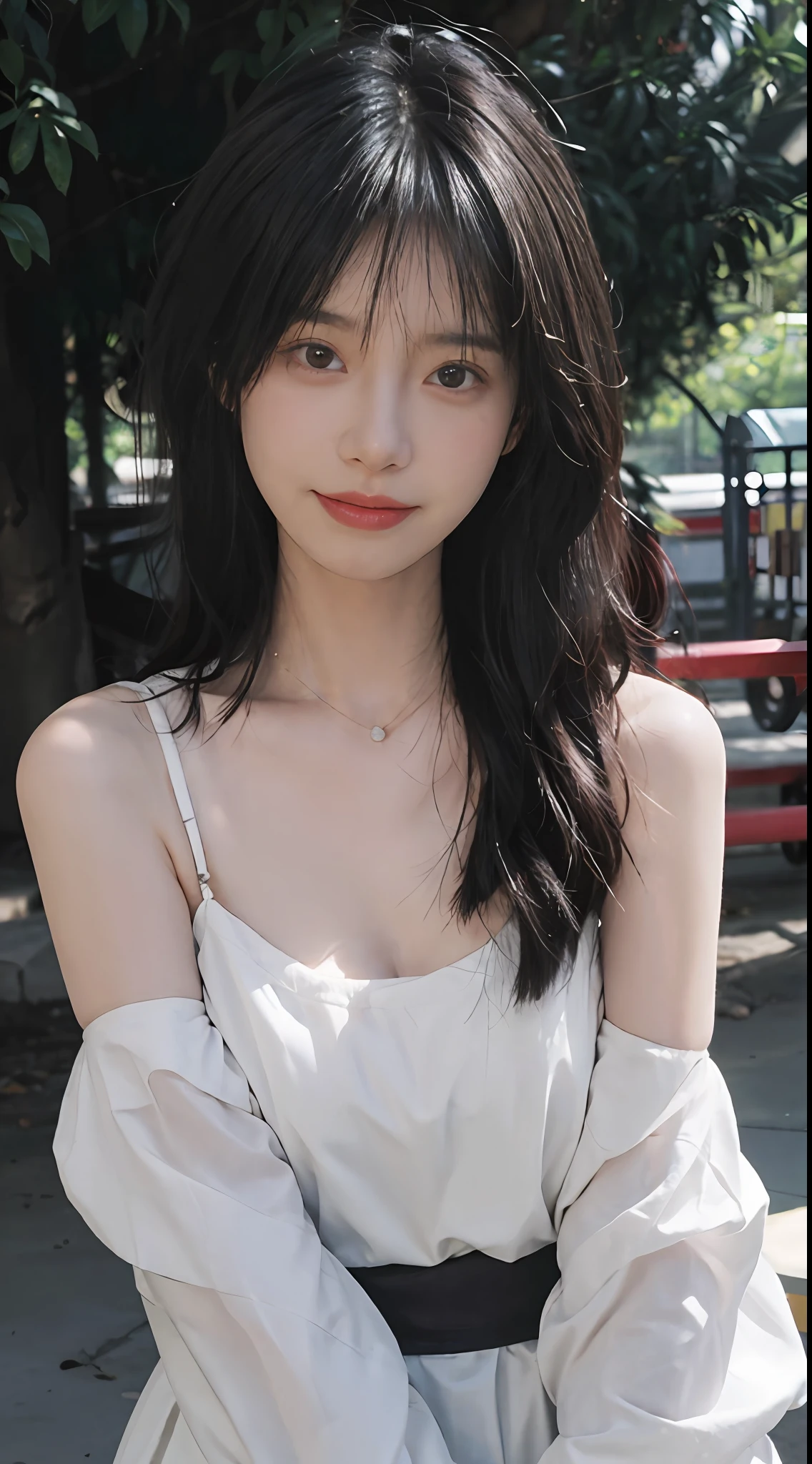 best qualtiy, 超高分辨率, (realisticlying:1.4), Baoyu Girl, Black long straight,A pair of clear and moving peach blossom eyes,Royal sister,校服,sunshine on face,Scroll,(School playground:1.4),(choker necklace:1.2),(Fair skin:1.9),(full bodyesbian:1.2)a sense of atmosphere,a beauty girl, ssmile,head straight-looking at viewer, closeup cleavage ,(Photorealistic:1.4),1girll,Sexy,(Upper body:1.4),(Wet body),(:1.2)