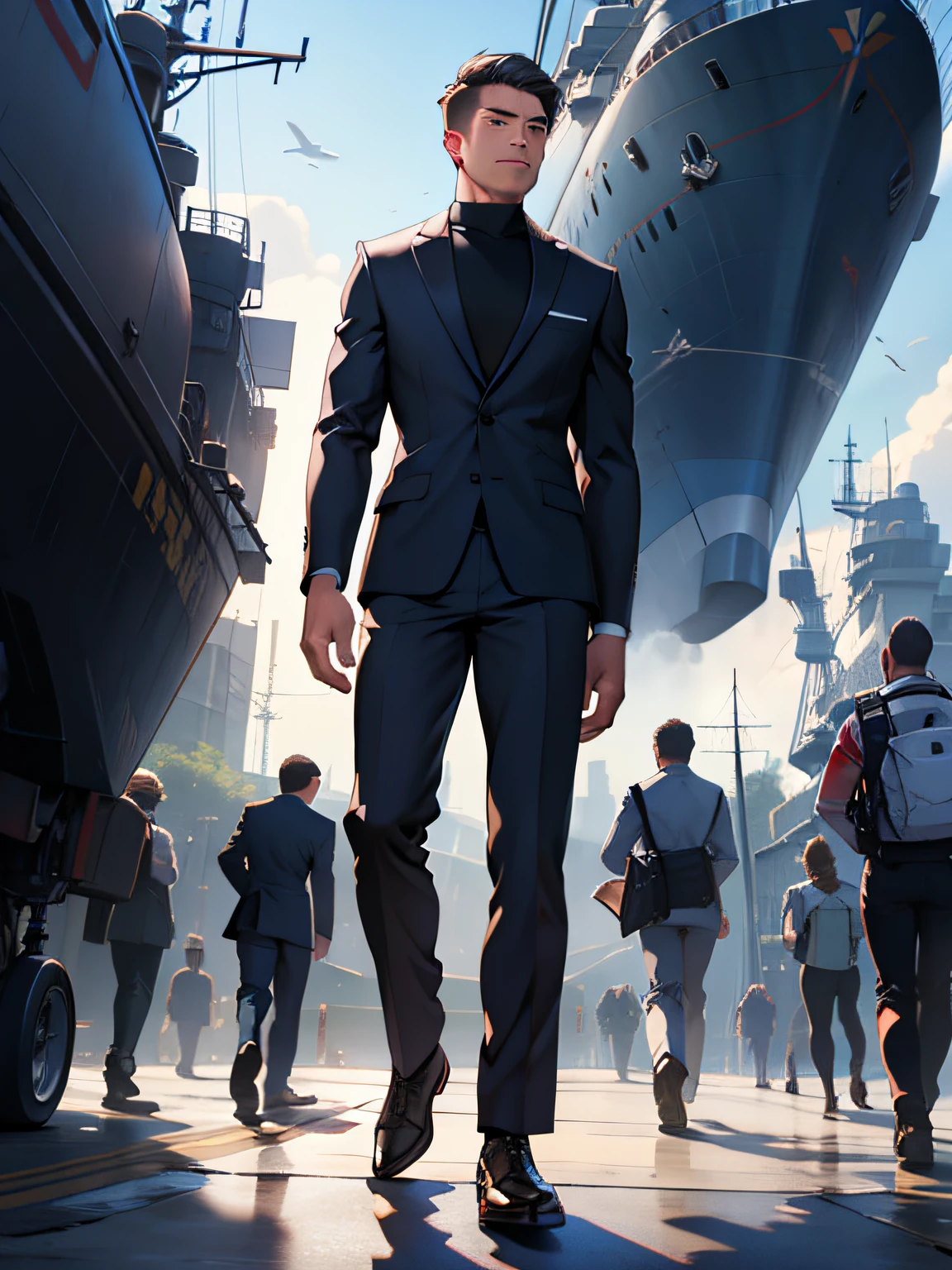 mtu,short detailed hair,Business suit,standing on your feet,Skysky,suns,warships