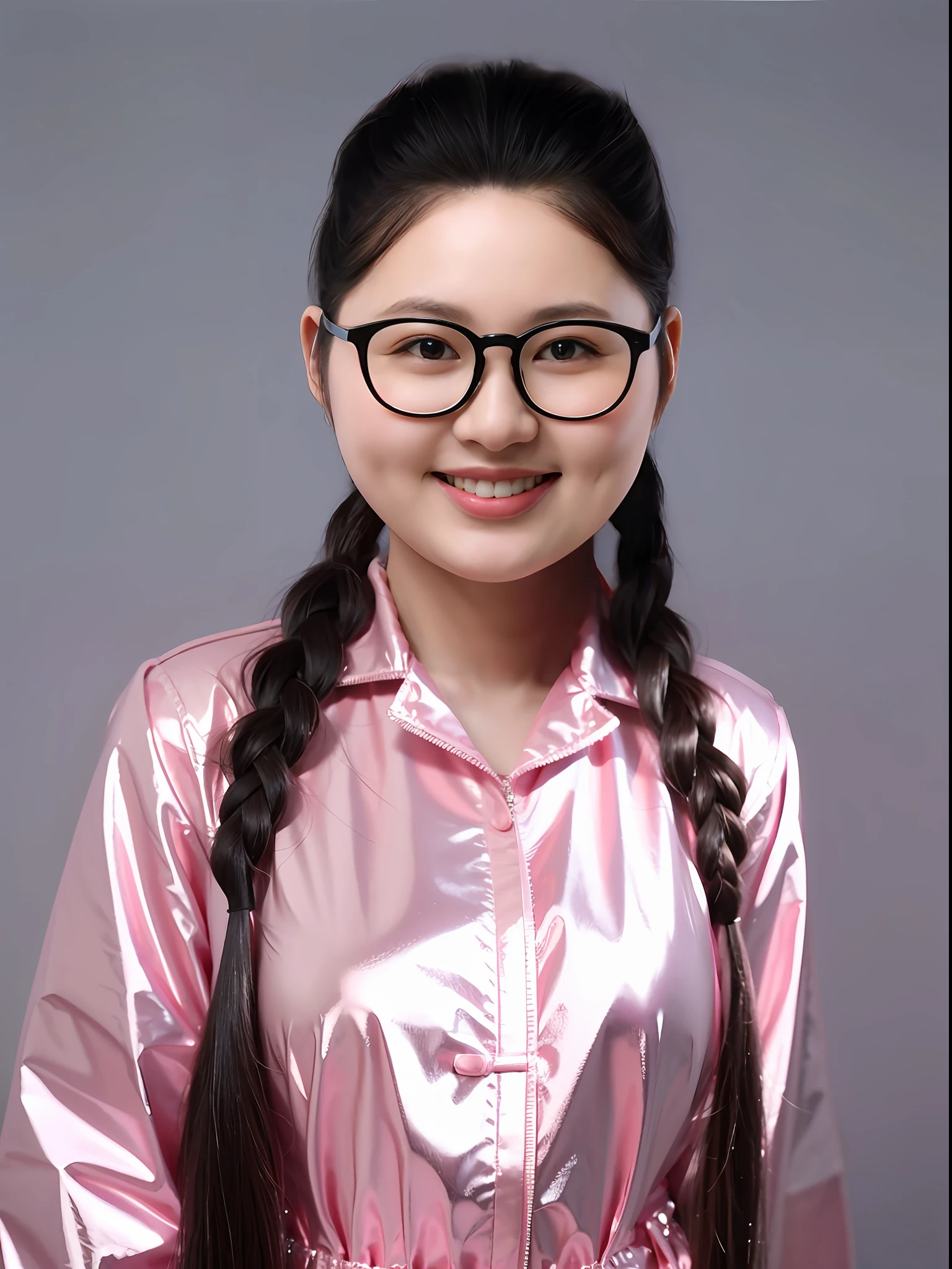 A Chinese high school girl，Wear a pink PVC pajamas，Plump body shape，long braid