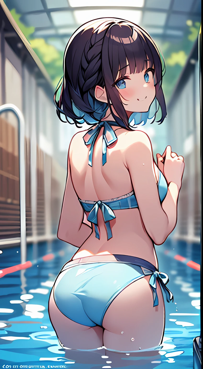 (Incredibly ridiculous absolute resolution:1.5)、hiquality、top-quality、masuter piece、Anime girl in light blue and white bikini, 魅惑的、Anime , 8k Manga Wallpapers, Smile、Shy laughter、((small curvy loli pretty anime girl,((swimming pools))、(Medium Shorthair)、(short braided hair)、blurry backround