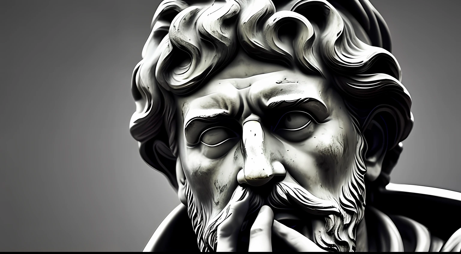 a portrait statue of the stoic Marcus Aurelius in black and white 4K,WITH HIS HAND ON HIS MOUTH MAKING A SILENT SIGN WITH HIS FINGER, super realistic photographic wallpaper 1920x1080