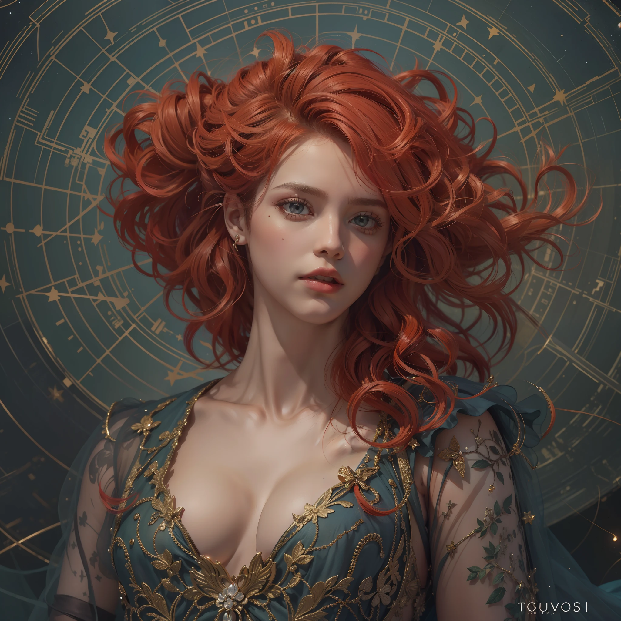 "(((obra-prima))), melhor qualidade, ultra-detallhado, High resolution CG image with a beautiful woman with red hair with bright violet eyes like detailed constellations, retratados em detalhes fascinantes. His delicate body is accurately represented at every angle. Ela possui longos cabelos ruivos que caem suavemente sobre seu vestido da era vitoriana. The upper part of his body is sculpted to perfection. "