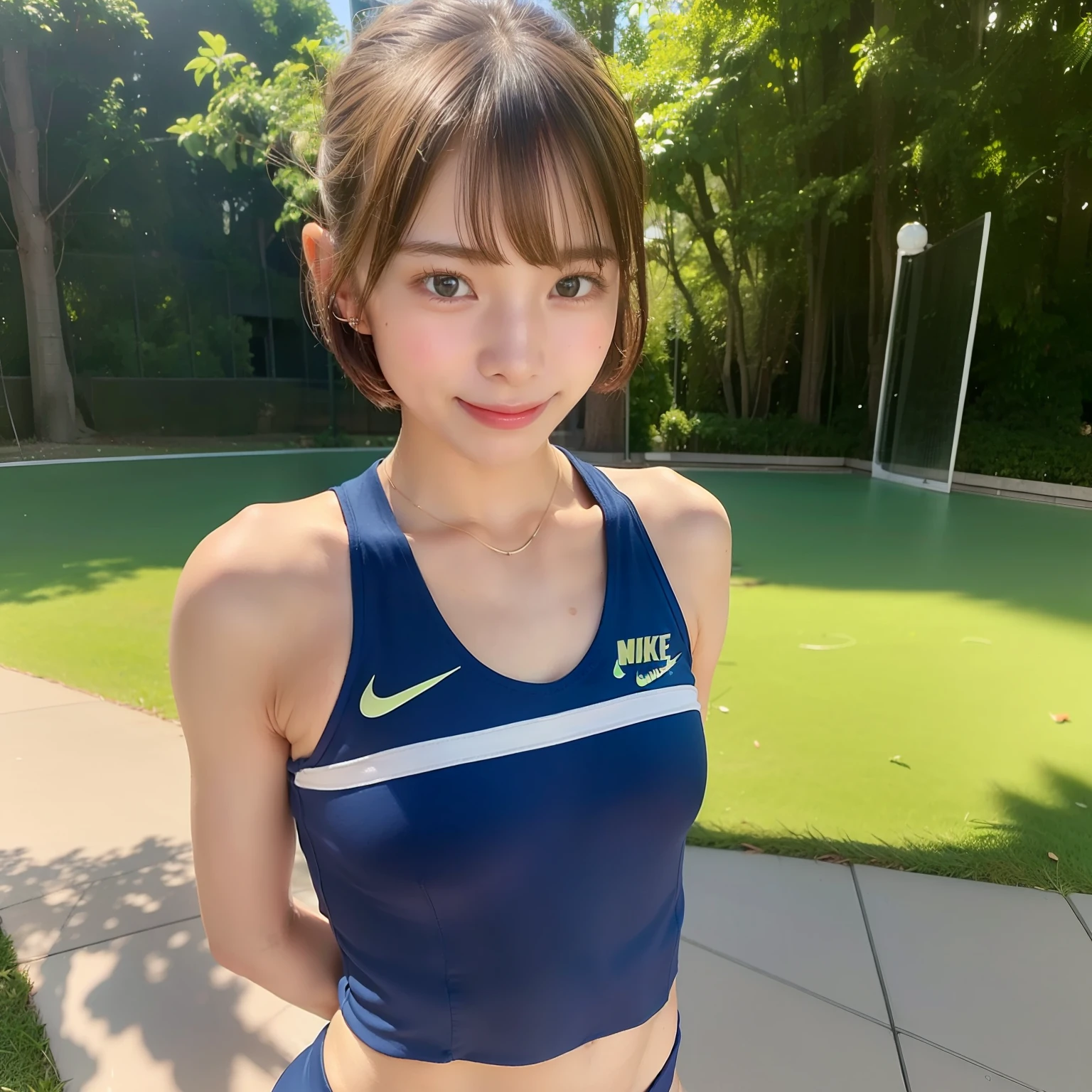 (solo), (a detailed full body RAW photo of a girl), (masterpiece:1.0), (best quality:1.4), (ultra highres:1.2), (photorealistic:1.4), 8k resolution, Canon EOS R5, 50mm, absurdres, ultra detailed, (22yo), sharp focus, cinematic lighting, detailed beautiful face, (no make up:1.2), (ulzzang-6500-v1.1), petite figure, detailed skin texture, pale skin, flat chest, (skinny and fit body:1.6), thigh gap, detailed brown hair, sweltering,(very short hair:1.5), smiling, (very small and simple and blue nike athletic uniform for competition:1.5), realistic glistening skin, (sweating:1.45), slim waist, seductive smile,play sport, (protruding nipples:1.8), (showing camel toe:1.5), (feet without stockings:1.3), (athlete), (athletic feald), (matte textured fabric)
