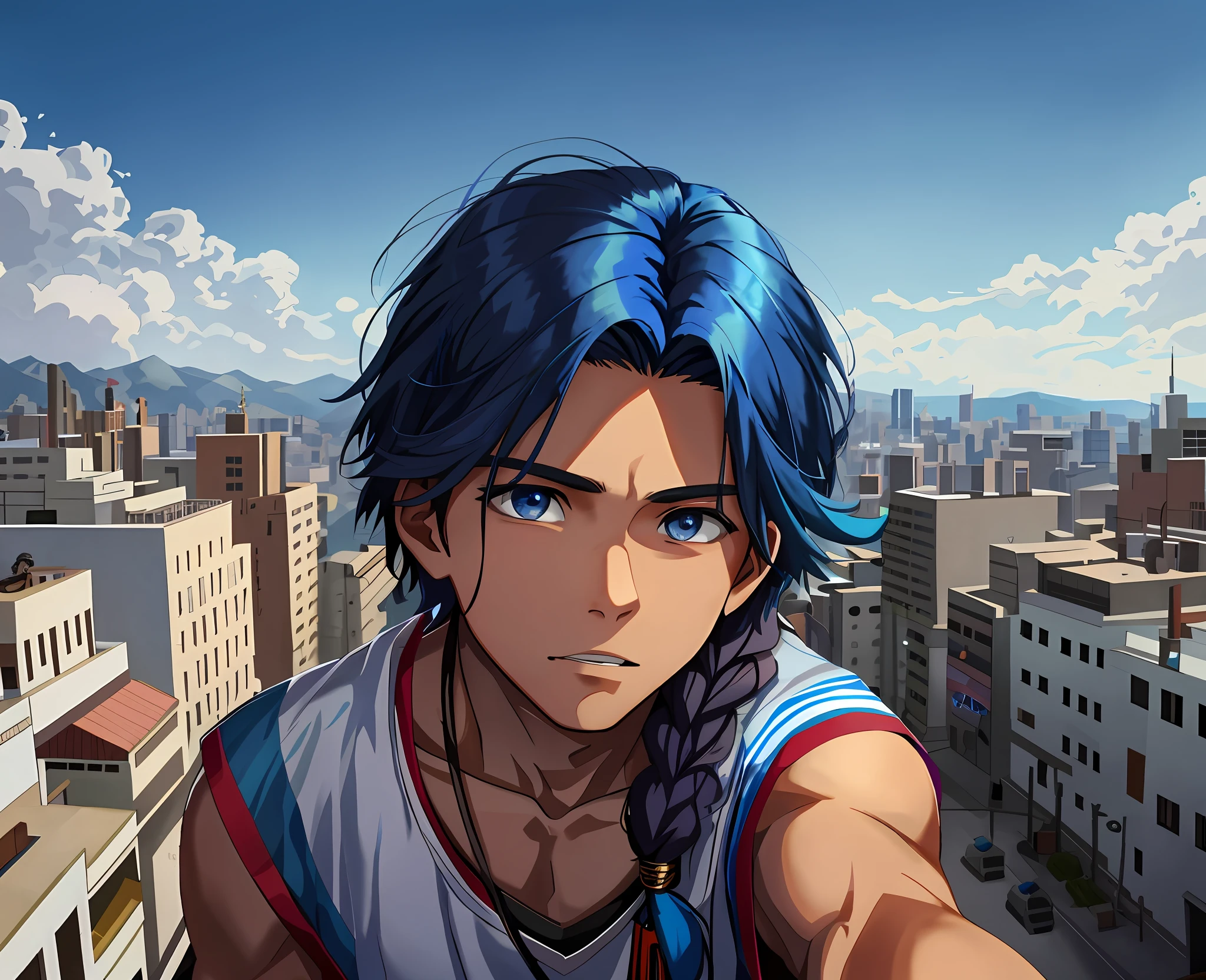 A 15-year-old boy with blue hair stands on the fifth floor on the roof of the high school looking at a city in the distance.......From above he looks at a city with his back to the viewer 15-year-old man has no shirt has a naked torso his hair is straight long Latin skin copper mestizo face, tiene traje tribal africano esta en el tejado de la secundaria mirando una cercana ciudad mira con miedo pensativo, (tercer plano cuerpo completo