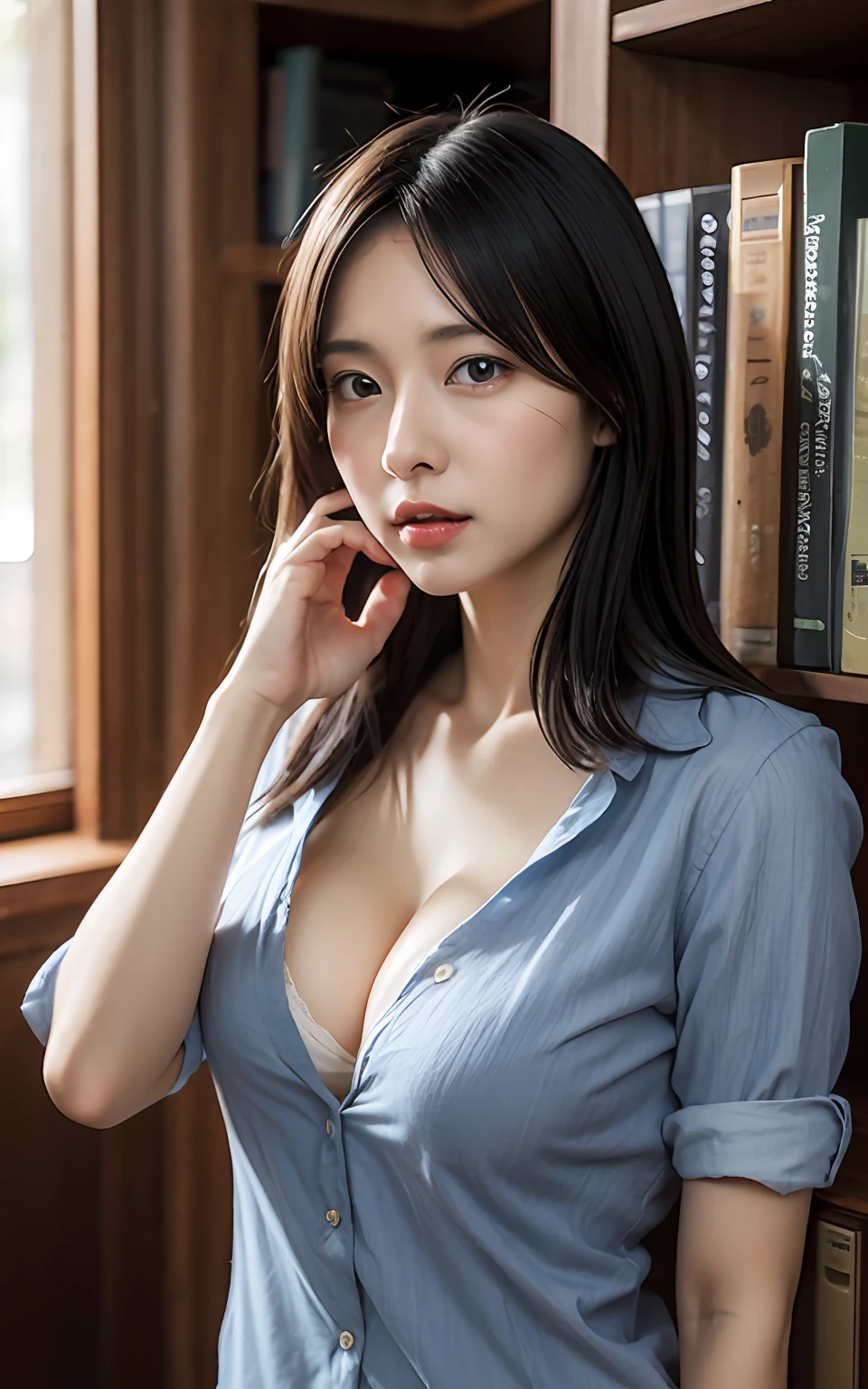 extremely detailed CG unity 8k wallpaper, best quality, ultra-detailed, masterpiece, realistic, photo realistic, extremely detailed cute girl, 30years old, secretary, large breasts, blush, parted lips, (casual shirt), (cleavage),  (panties), office ,room with bookshelves , half body shot , hair intakes