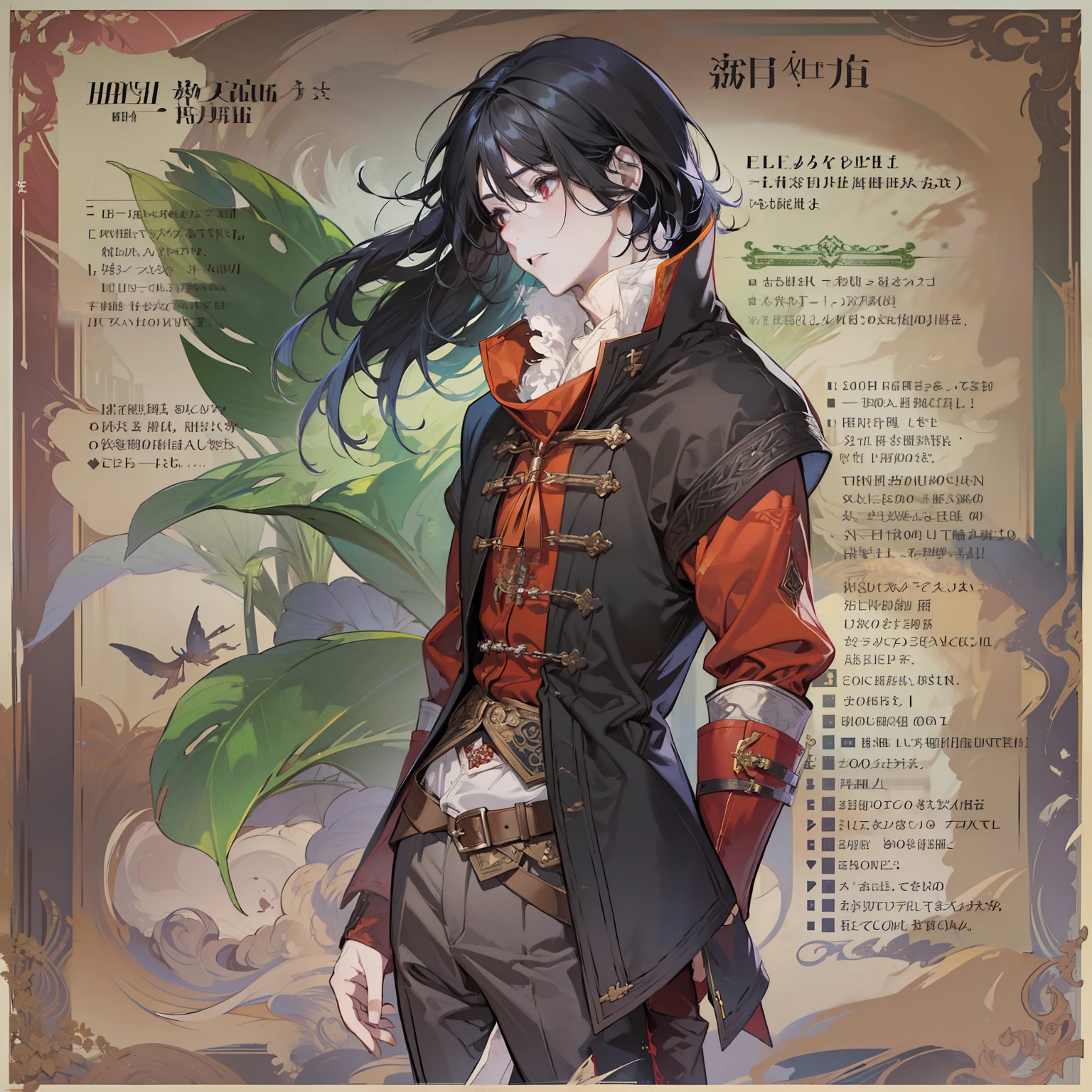 1 boy, solo, black hair, square, Bob hairstyle, bean, shoulder-length hair, red eyes, shirt, high boots, Lightweight clothing, medieval theme, looking at viewer, fantasy art, beautiful painting, guwaika style, epic exquisite character art, stunning characters, man, lean (reference sheet:1.5)