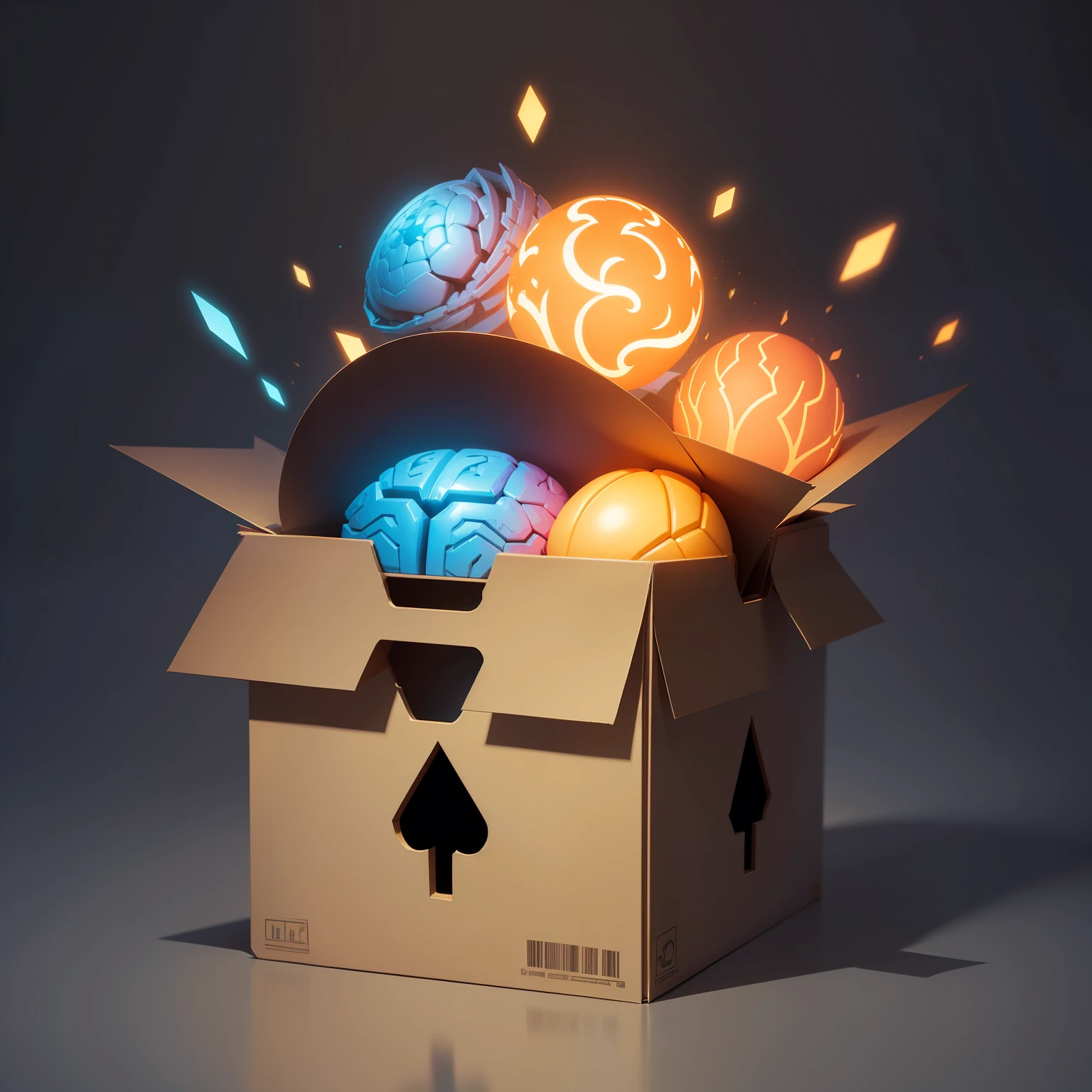 create a stylized box with open flaps and a brain with thought figures around it