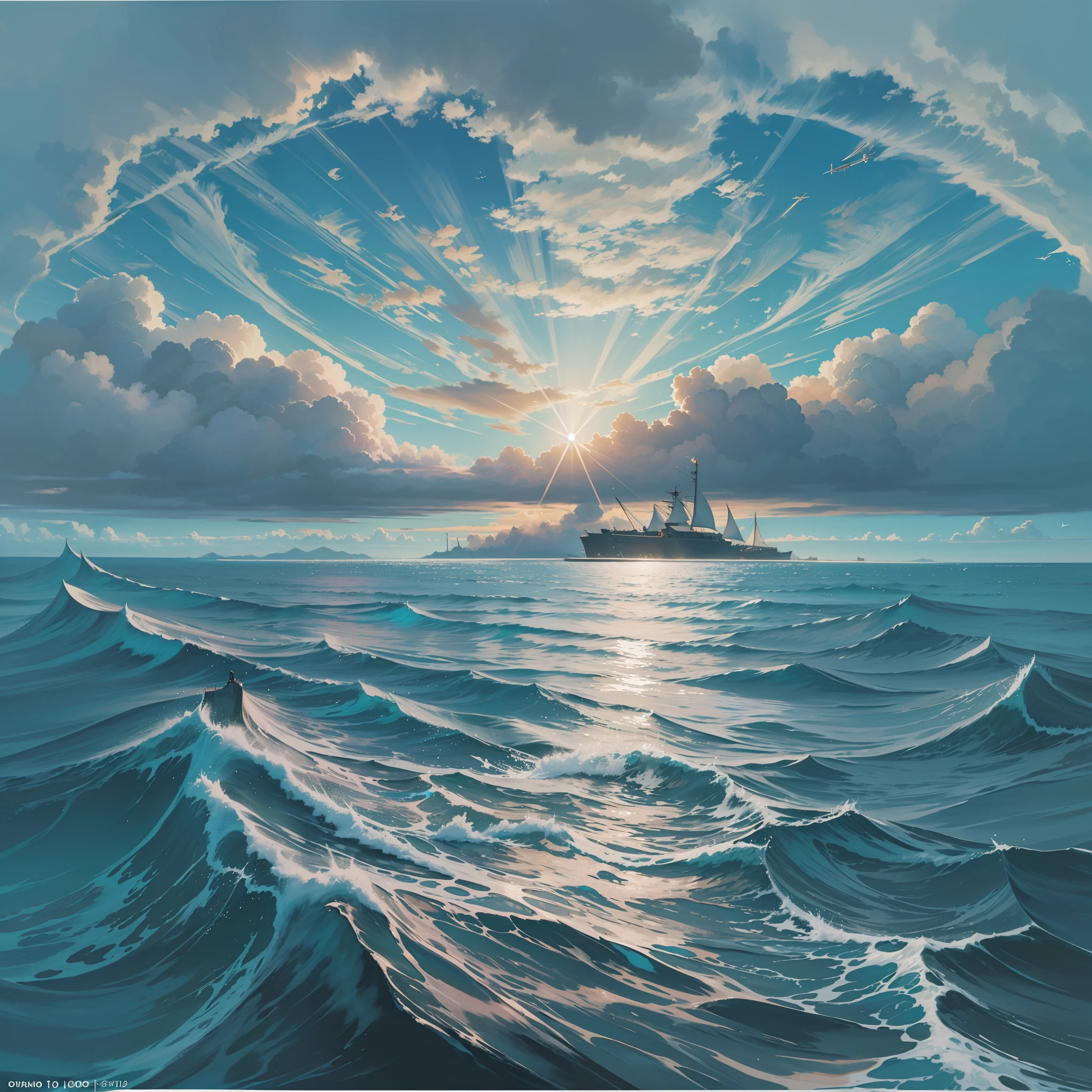 isla flotante detallada, isala flotante, definida, isla flotante ultra calidad, obra maestra, iluminacion volumetrica, Flying in the middle of the ocean, cielo es un oceano con olas, oceano transparente, cristalino, luz zolar sol 12:01 PM