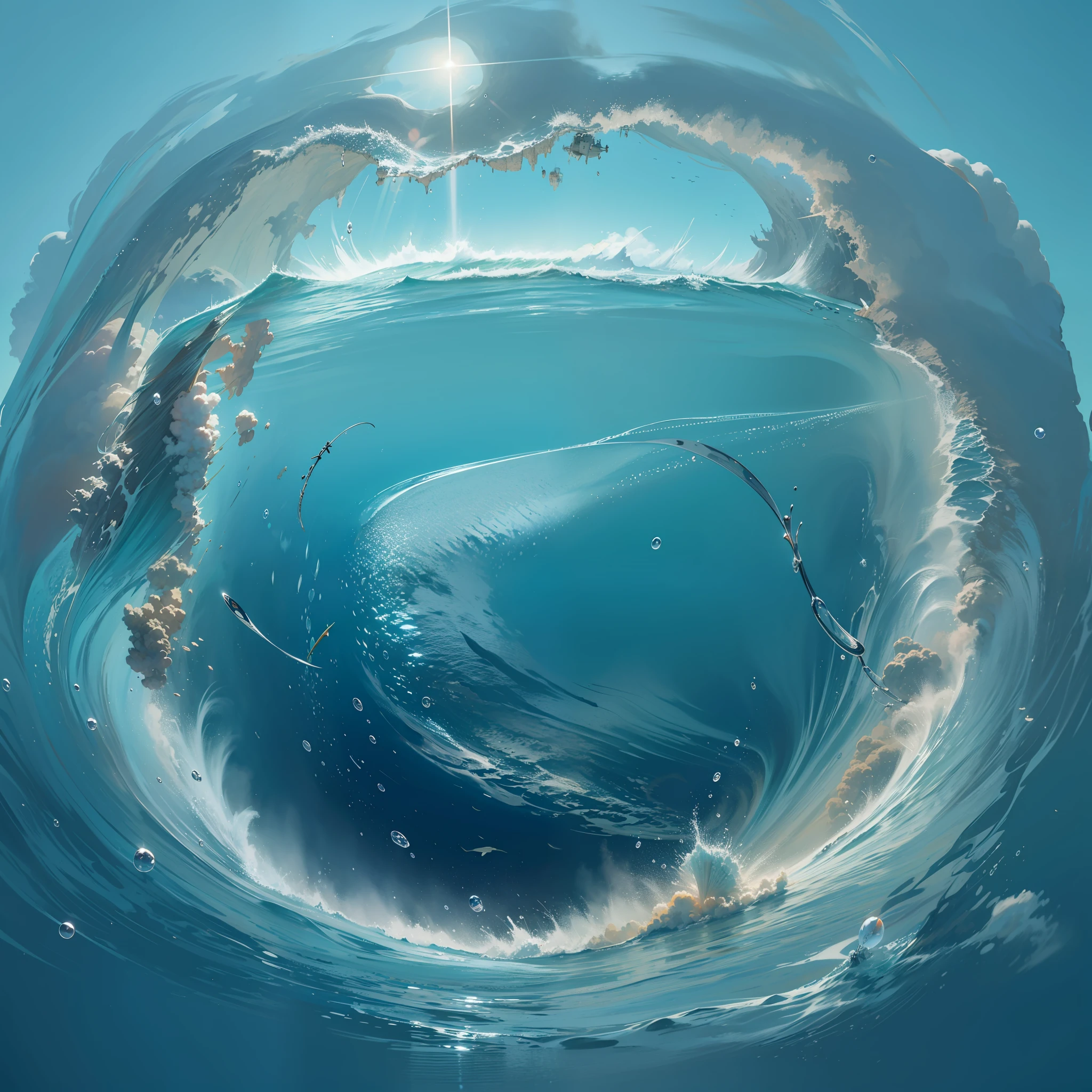 isla flotante detallada, isala flotante, definida, isla flotante ultra calidad, obra maestra, iluminacion volumetrica, Flying in the middle of the ocean, cielo es un oceano con olas, oceano transparente, cristalino, luz zolar sol 12:01 PM